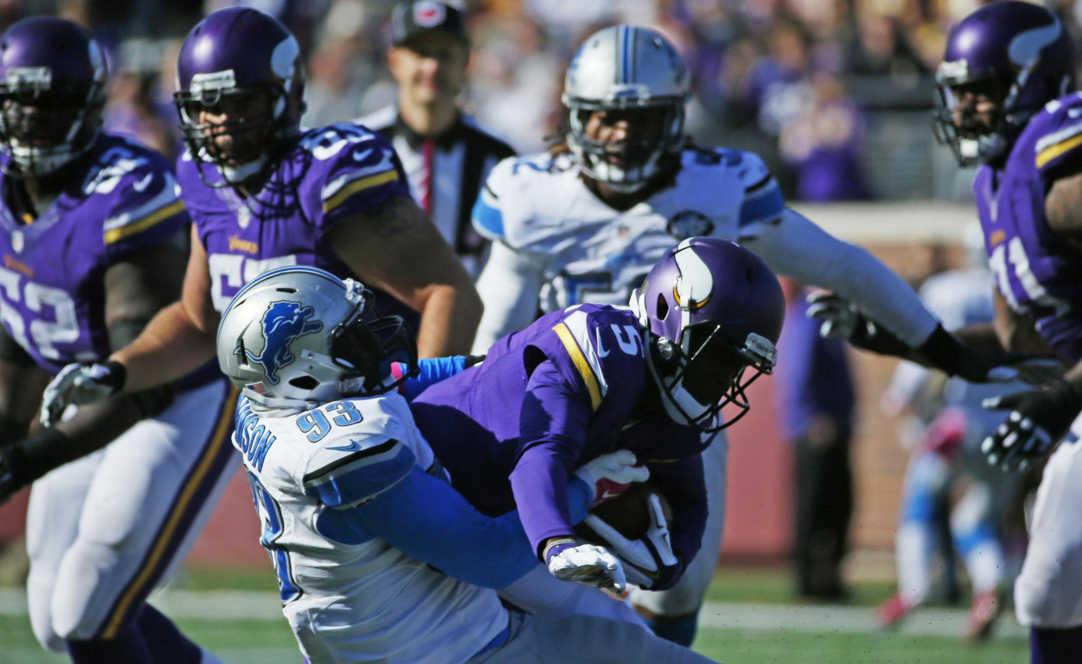 Lions defensive end George Johnson sacked Vikings quarterback Teddy Bridgewater during the fourth quarter. ] Mark Vancleave - mark.vancleave@startribune.com * The Detroit Lions play the Minnesota Vikings on Sunday, Oct 12, 2014 at TCF Bank Stadium in Minneapolis, Minnesota. ORG XMIT: MIN1410121708207681