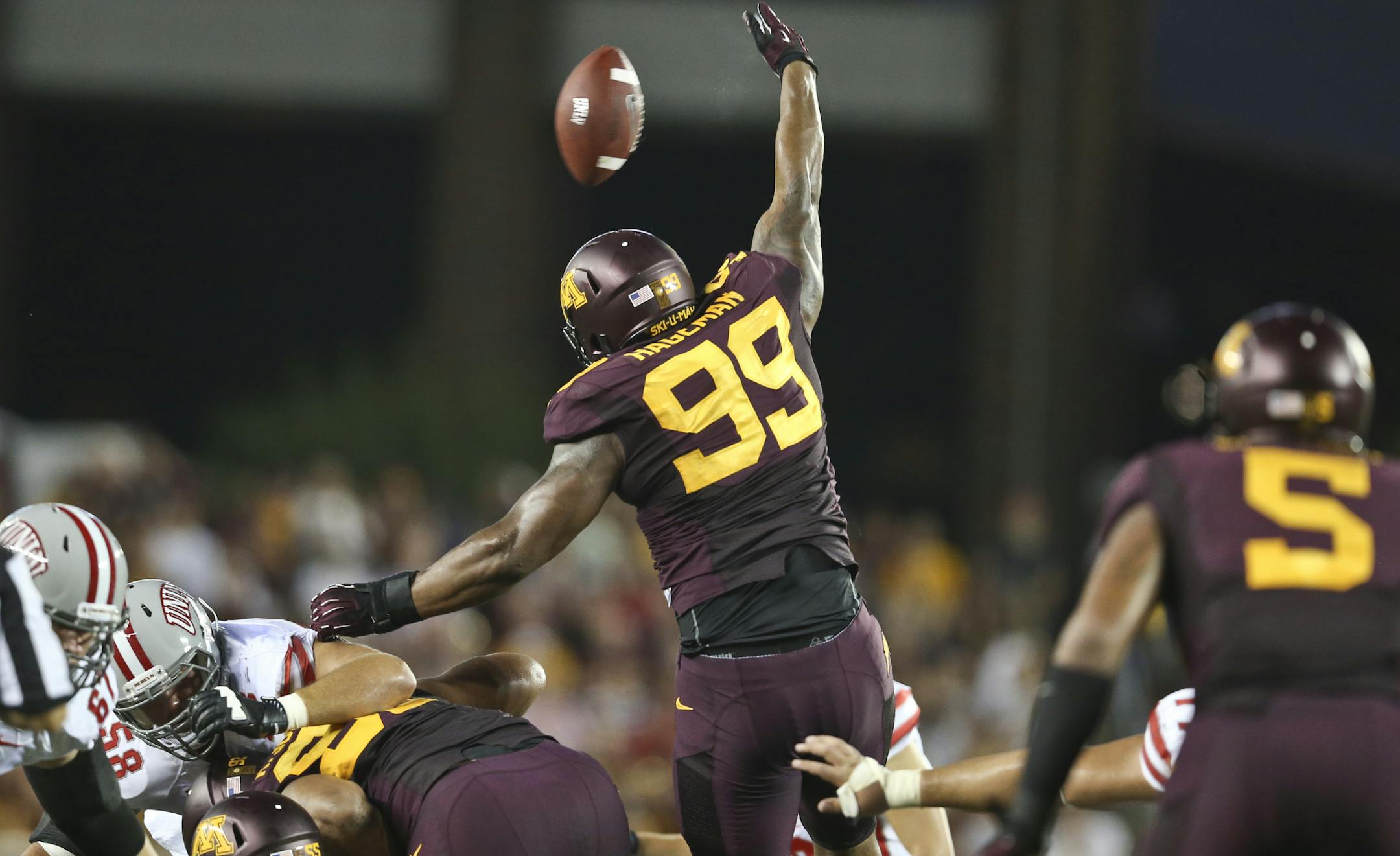 Gophers defensive lineman Ra'Shede Hageman blocked a UNLV field goal attempt in the season opener at TCF Bank Stadium.