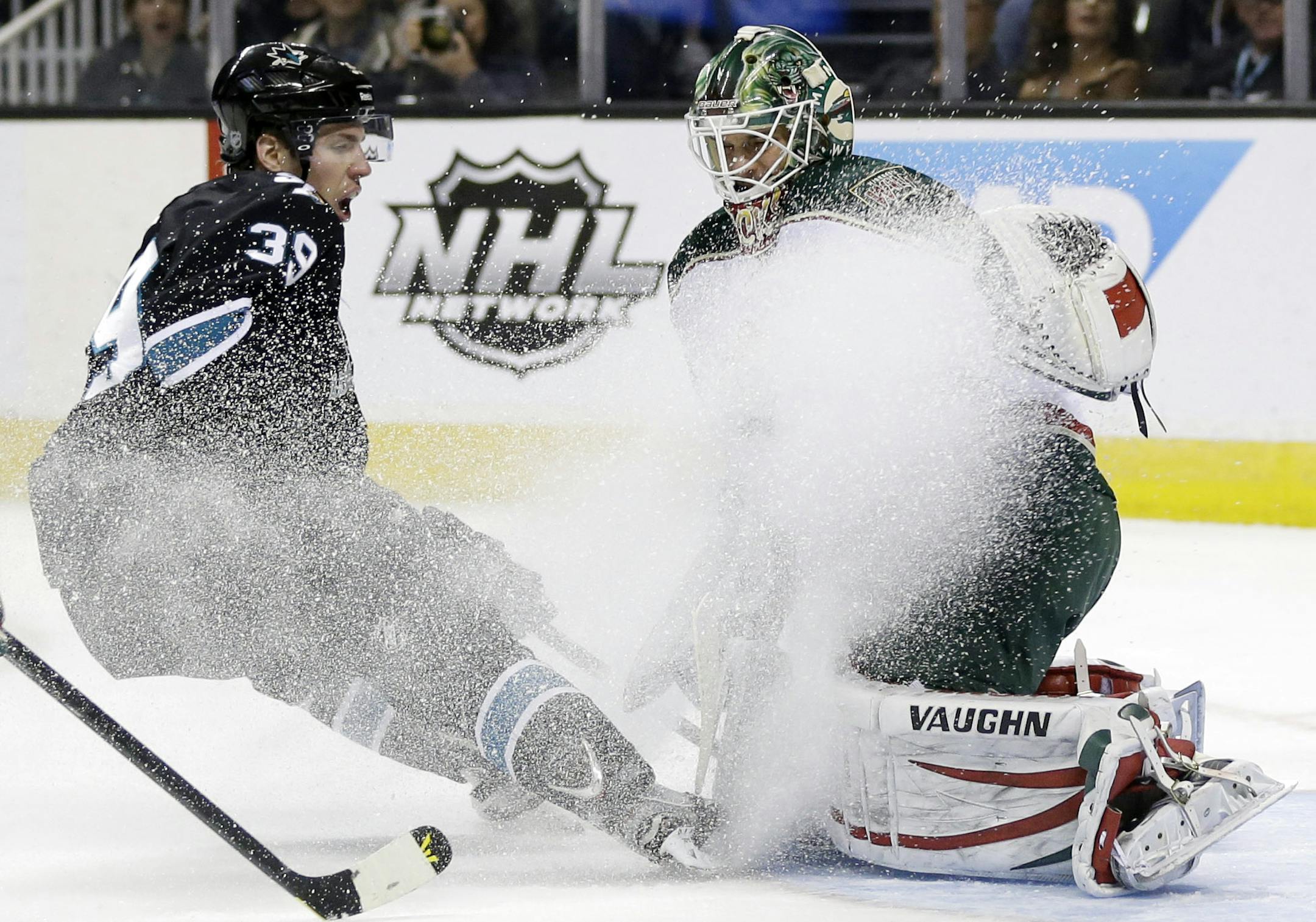 Sharks center Logan Couture (two goals, two assists) kicked up ice with his skates as he closed in on Niklas Backstrom in the first period.