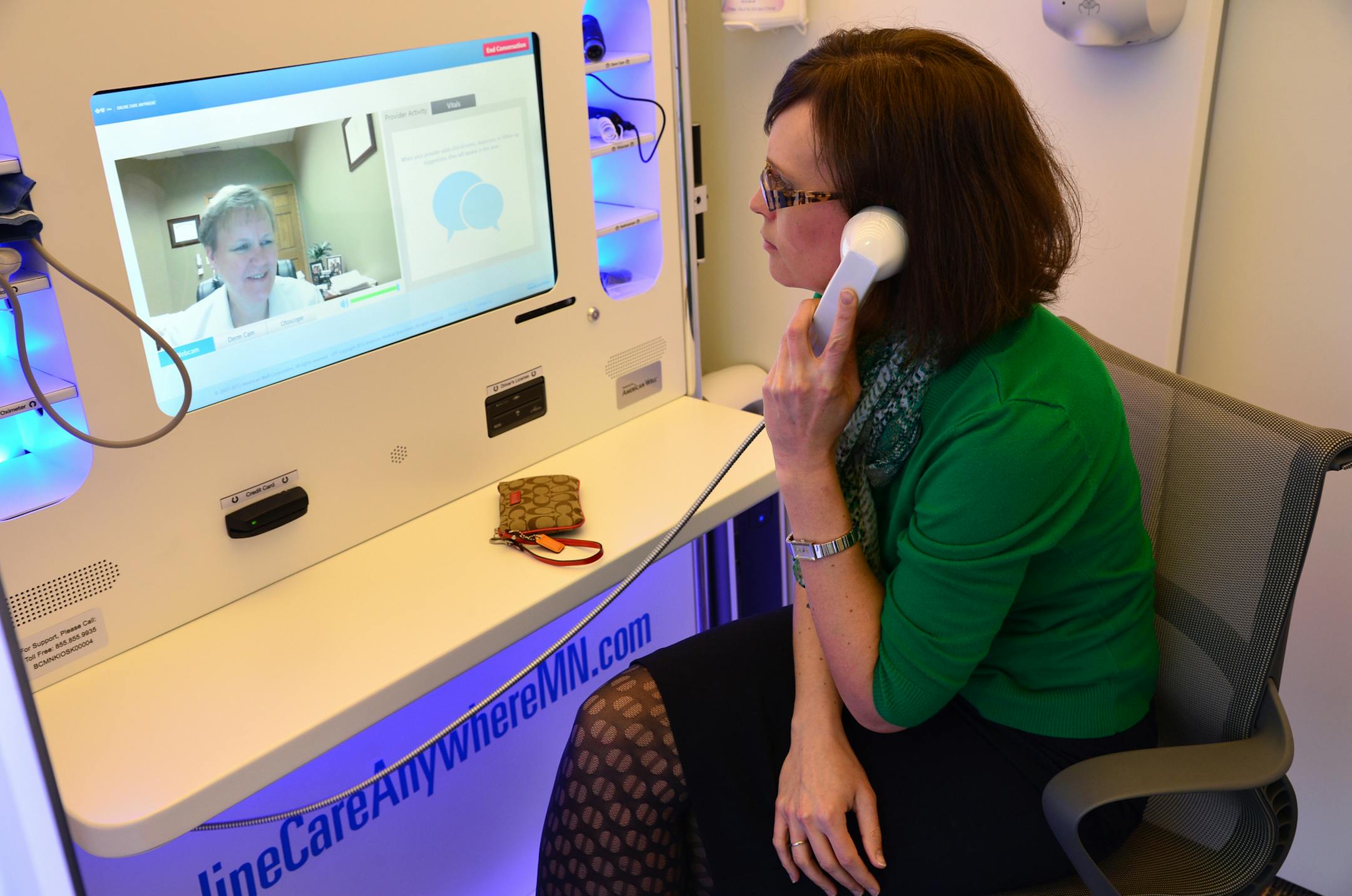 Laura Kaslow received a call from Dr. Sandy Wiita at the Blue Cross Blue Shield Minnesota headquarters in Eagan, Minn. ]The doctor will see you now - on screen. In what could be one of the biggest shakeups to the delivery of medical care, video consultations with physicians are being offered to replace the traditional in-person visit to the doctor's office. Doctor Sandy Wiita has seen over 2500 patients through BCBS's Online Care Anywhere program. Richard.Sennott@startribune.com Richard Sennott/