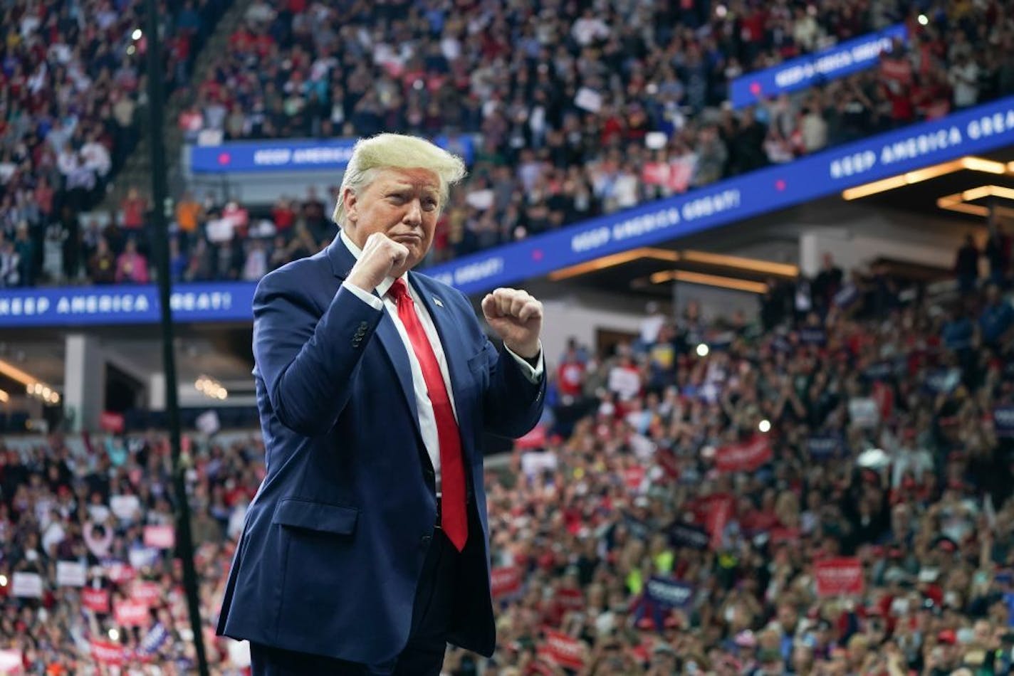 President Donald Trump greeted cheering crowds at the Target Center on Thursday, Oct. 10, 2019, in Minneapolis, Minnesota.