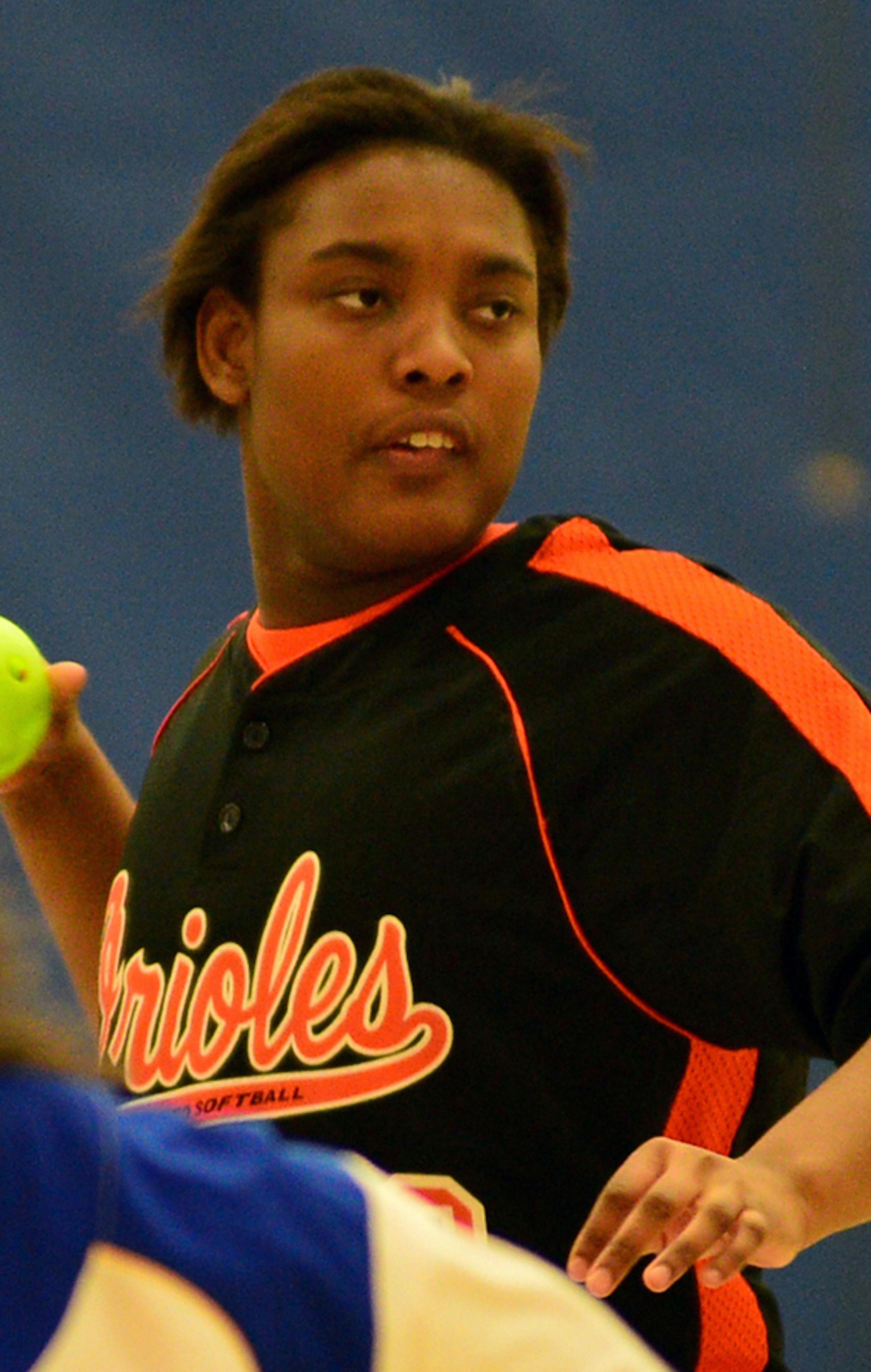 Osseo adapted softball player Tasha during game action at Wayzata High. She sat on the bench with Alex Kreidler on the left and Tulio Nichlas] Richard.Sennott@startribune.com Richard Sennott/Star Tribune Plymouth Minn. Wednesday 4/23/2014) ** (cq) ORG XMIT: MIN1404241040200228