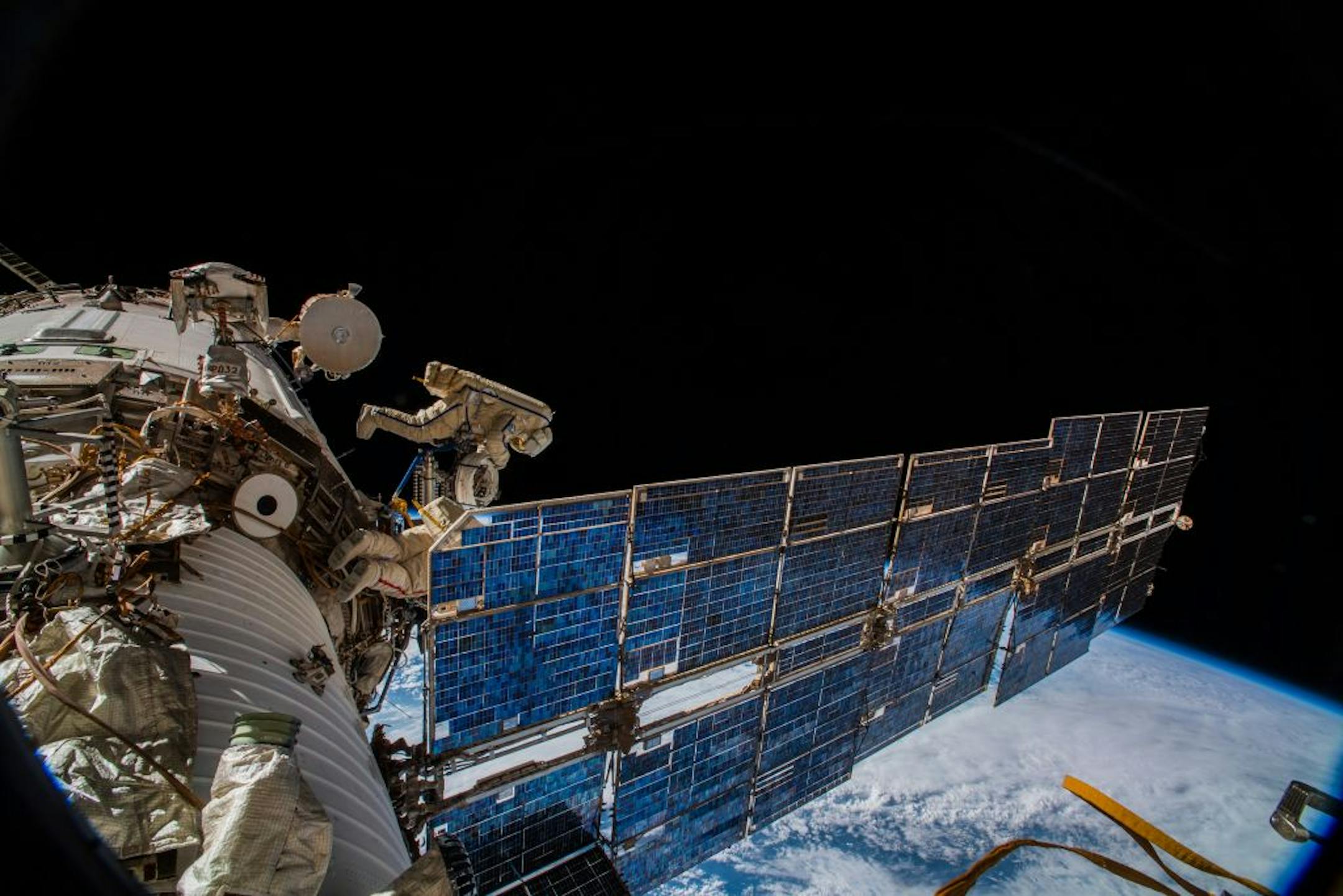In a photo provided by NASA, the cosmonauts Oleg Artemyev and Sergey Prokopyev installe an antenna on the International Space Station in 2018 to track animal movements on Earth. Using tiny sensors and equipment aboard the space station, a project called ICARUS seeks to revolutionize animal tracking. (A. Gerst/ESA/NASA via The New York Times) -- EDITORIAL USE ONLY --