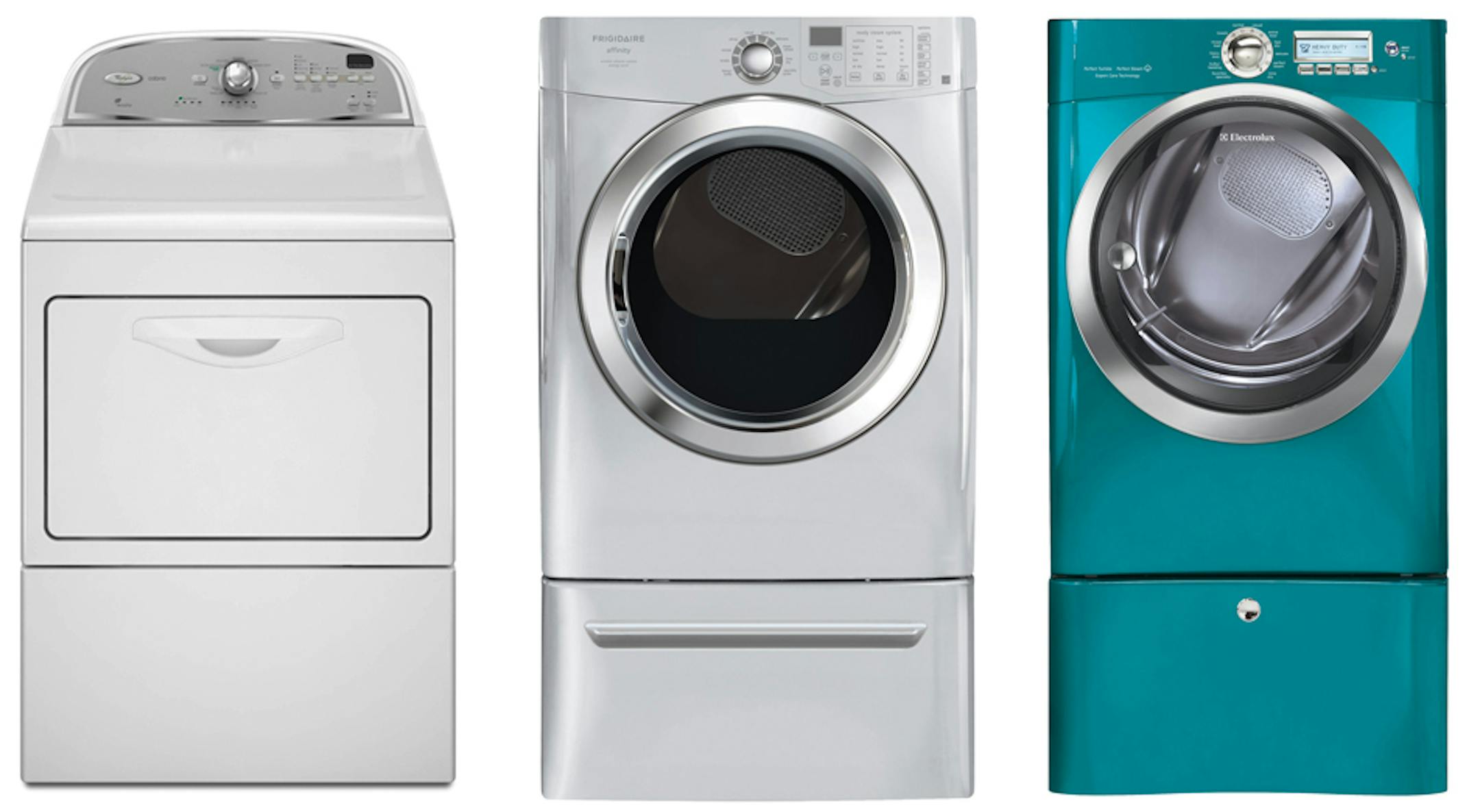 These dryers offer an energy-efficient alternative to your old clunker: From left, Whirlpool Cabrio HE Electric Dryer; Frigidaire Affinity Front Load Electric; Electrolux Wave-Touch Front-Load Dryer.
credit: