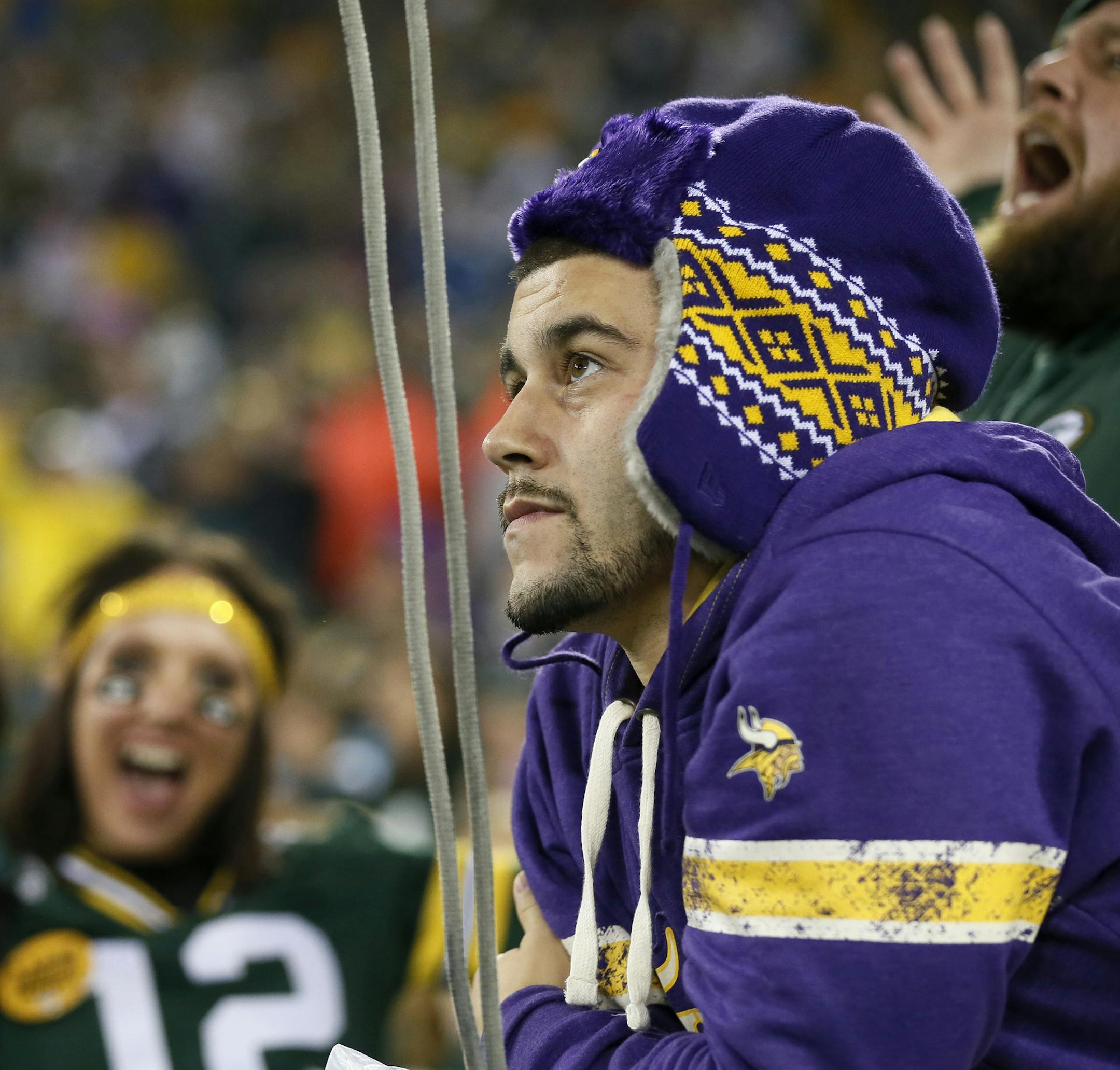 Vikings fan Anthony Marcum of Minneapolis was not happy with his teams 42-10 loss to Green Bay . The Minnesota Vikings played the Green Bay Packers Thursday October 2 , 2014 at Lambeau Field in Green Bay ,WI. ] Jerry Holt Jerry.holt@startribune.com