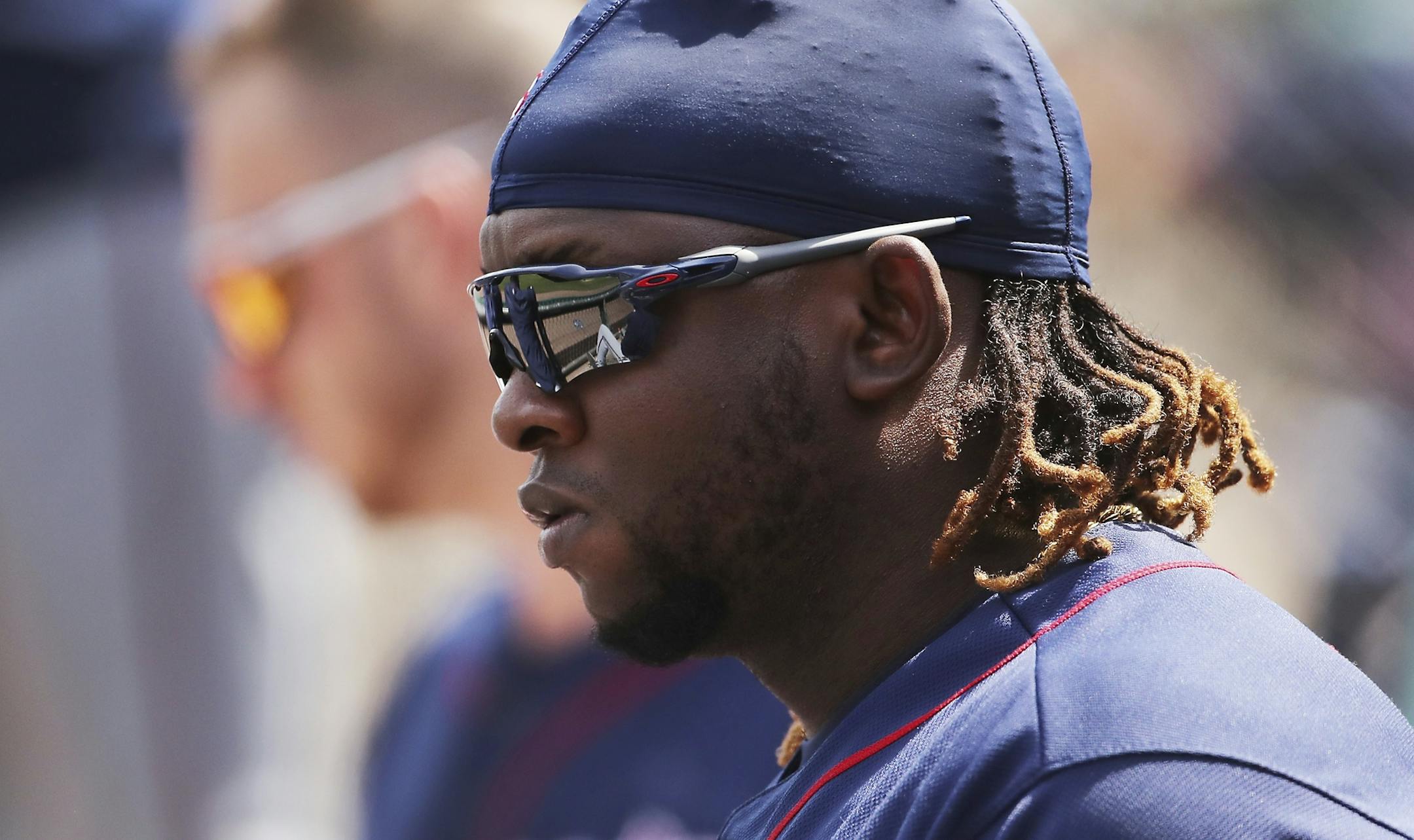Minnesota Twins' Miguel Sano is seen in the dugout tduring the ninth inning of a baseball game against the Detroit Tigers, Thursday, June 14, 2018, in Detroit. (AP Photo/Carlos Osorio)
