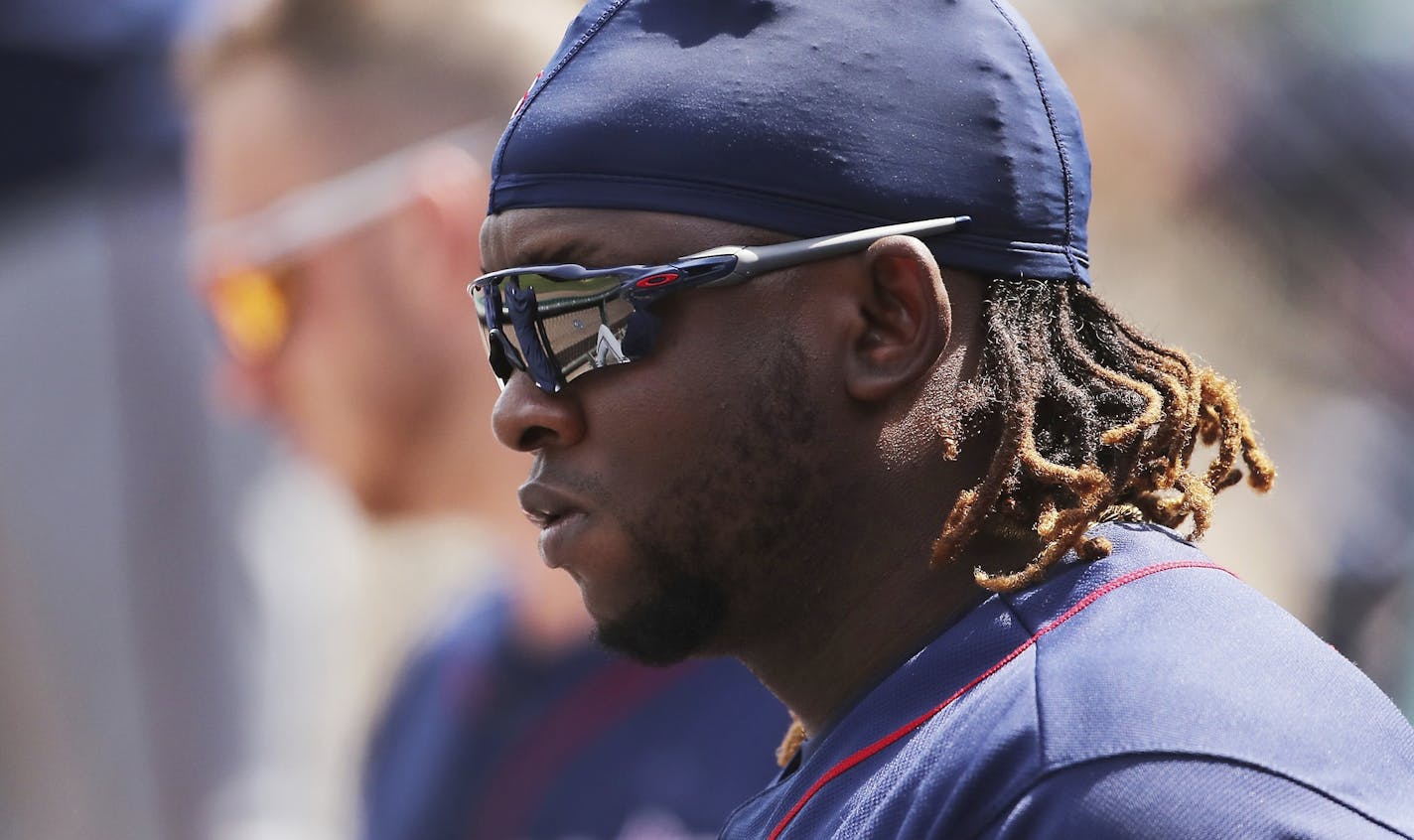 Minnesota Twins' Miguel Sano is seen in the dugout tduring the ninth inning of a baseball game against the Detroit Tigers, Thursday, June 14, 2018, in Detroit. (AP Photo/Carlos Osorio)