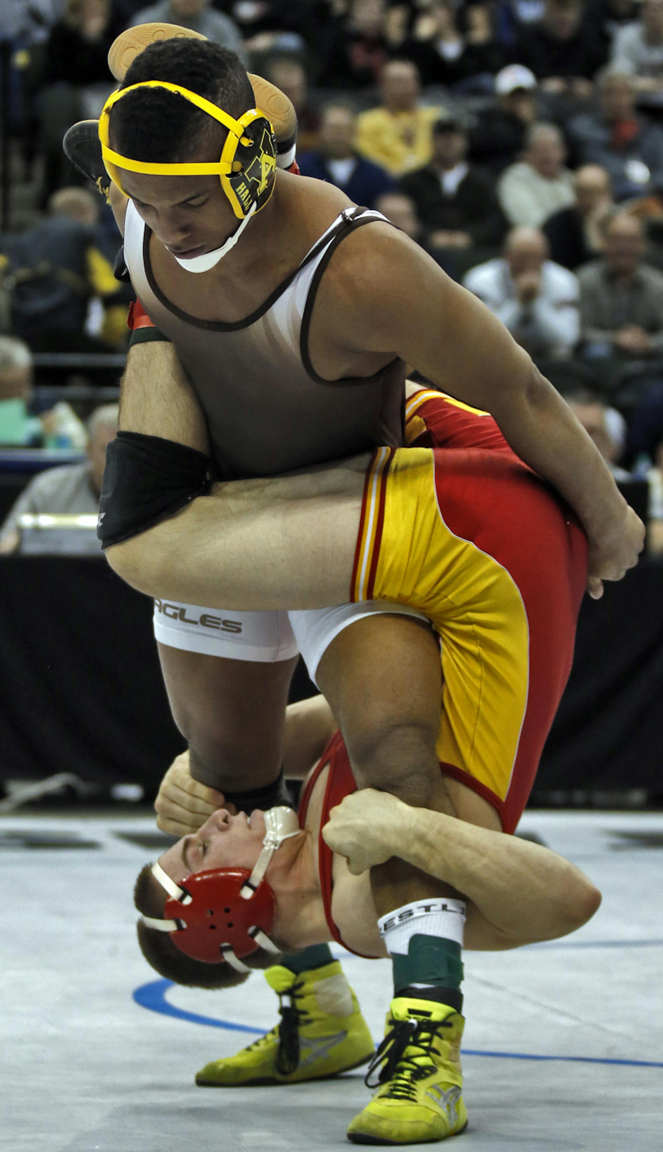 Class 2A Apple Valley Mark Hall wrestle Garrett Beaman of Henry Sibley. Hall won the match [ Prep State Wrestling Individual Championships (MARLIN LEVISON/STARTRIBUNE(mlevison@startribune.com)