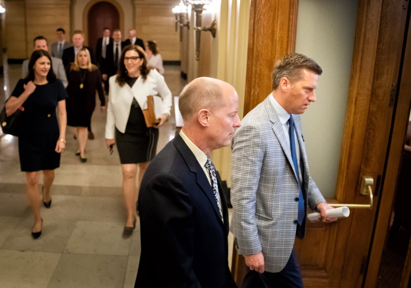 Republican leaders including Senate Majority Leader Paul Gazelka and House Speaker Kurt Daudt entered the Governor's Cabinet room. ] GLEN STUBBE &#x2022; glen.stubbe@startribune.com Friday, May 18, 2018 Republican and DFL leaders met Friday afternoon in the Governor's Cabinet room to discuss the issues that separate them from making a deal on taxes and the budget.