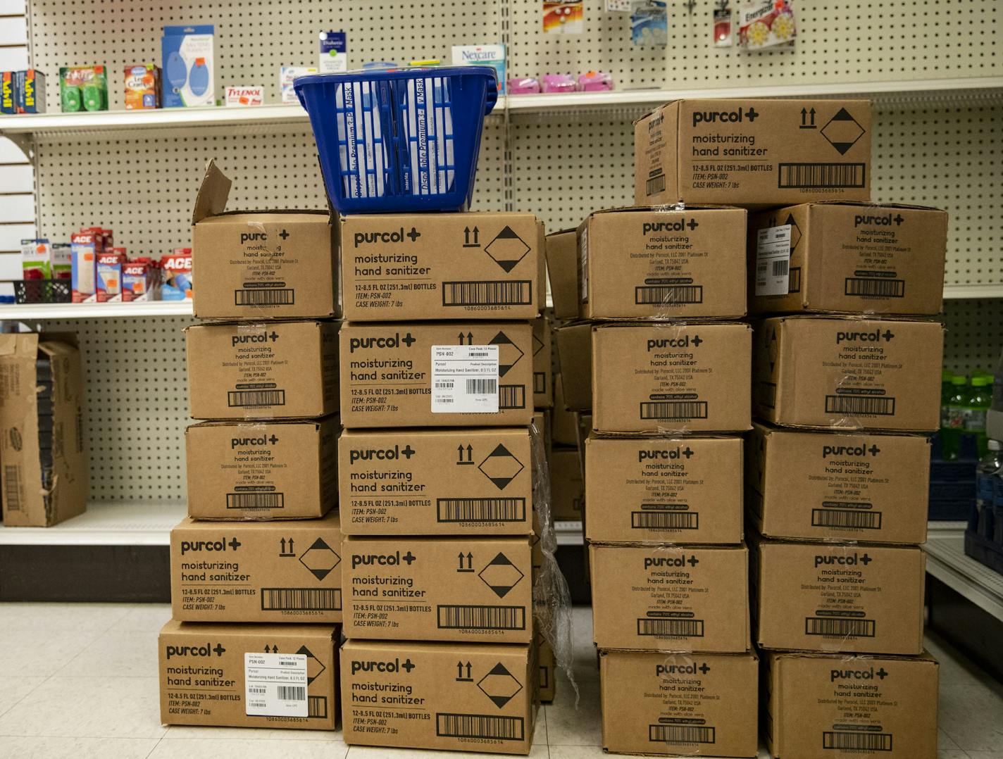 Boxes and boxes of hand sanitizer have sat untouched for months inside the pharmacy in Baudette, Minn. as no one has been buying any. ] ALEX KORMANN • alex.kormann@startribune.com Baudette, Minn. in Lake of the Woods County was one of the last towns in the state to get a confirmed COVID-19 case. The town sits right on the Canadian border and is often one of the last to be affected by things happening across the state and country.