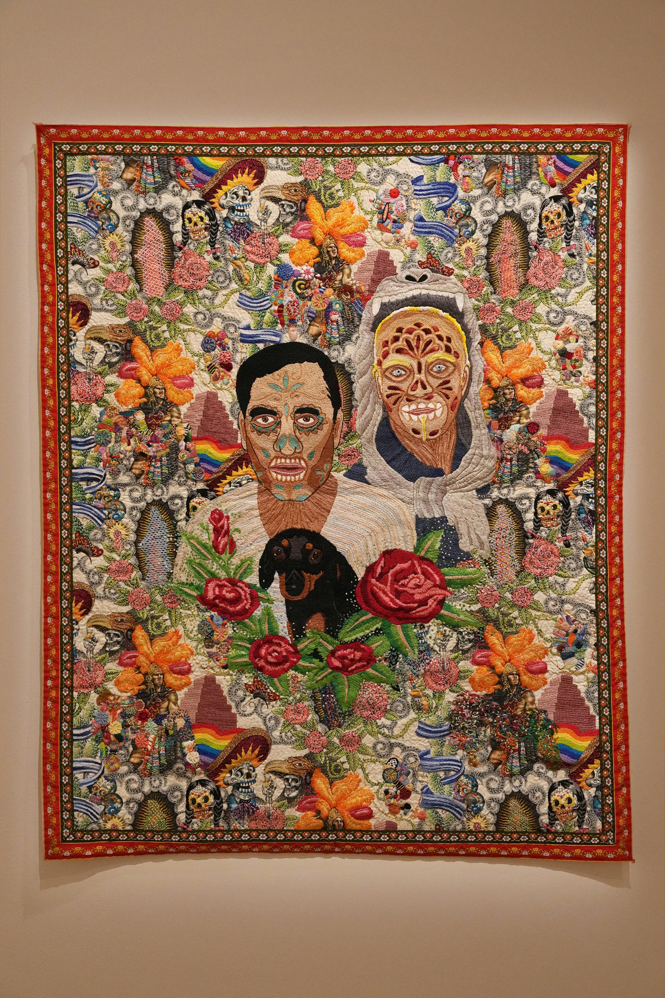 Calaverita (Sugar Skull), a hand embroidered piece with cotton thread and jewelry effect on Alexander Henry fabric by Leo Chiachio and Daniel Giannone hangs in the new ReVisión: Art in the Americas exhibit during a press preview Thursday, June 29, 2023 at the Minneapolis Institute of Art in Minneapolis. ] ANTHONY SOUFFLE • anthony.souffle@startribune.com