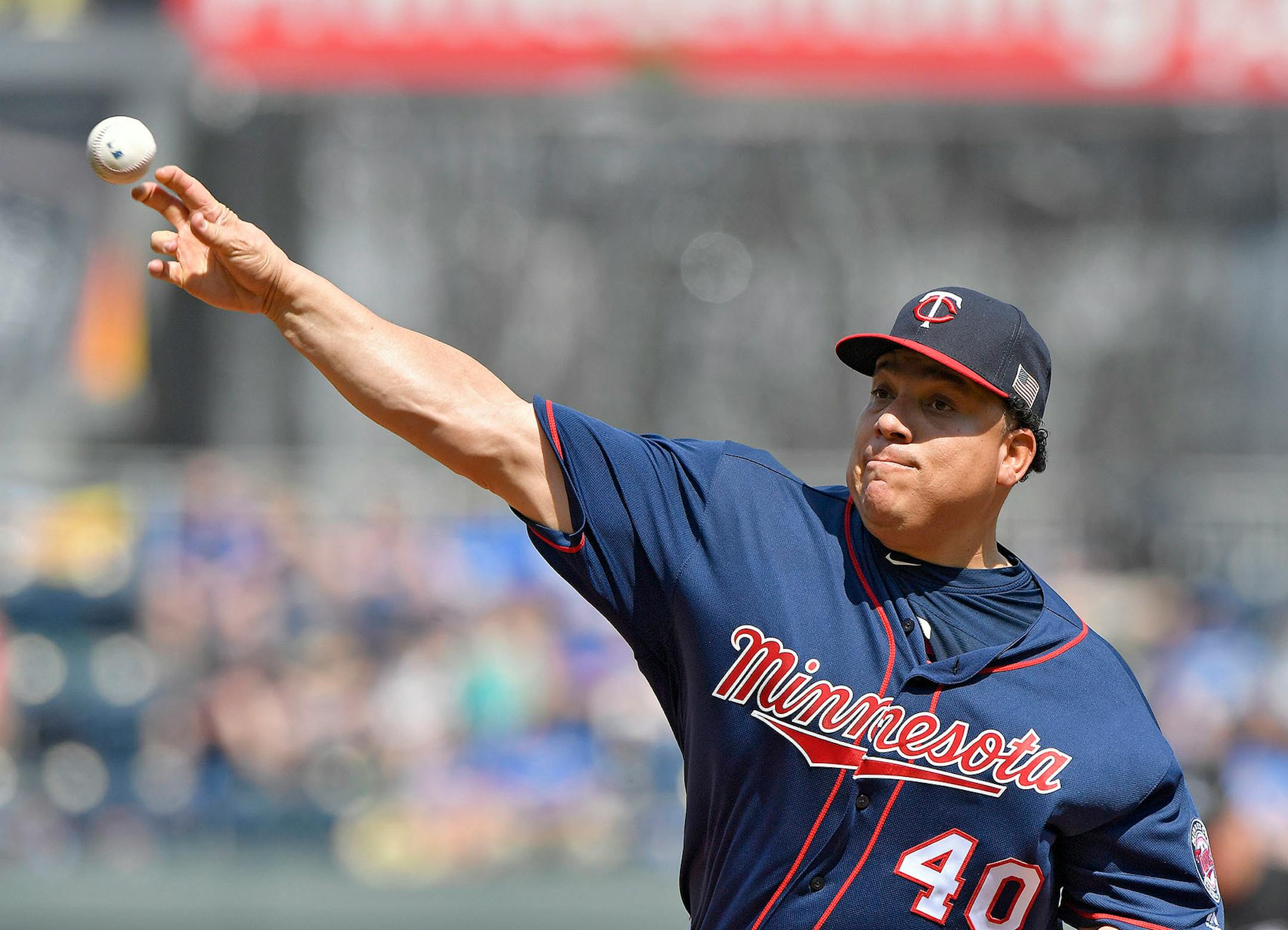 Minnesota Twins starting pitcher Bartolo Colon throws against the Kansas City Royals on Sunday, Sept. 10, 2017 at Kauffman Stadium in Kansas City, Mo.