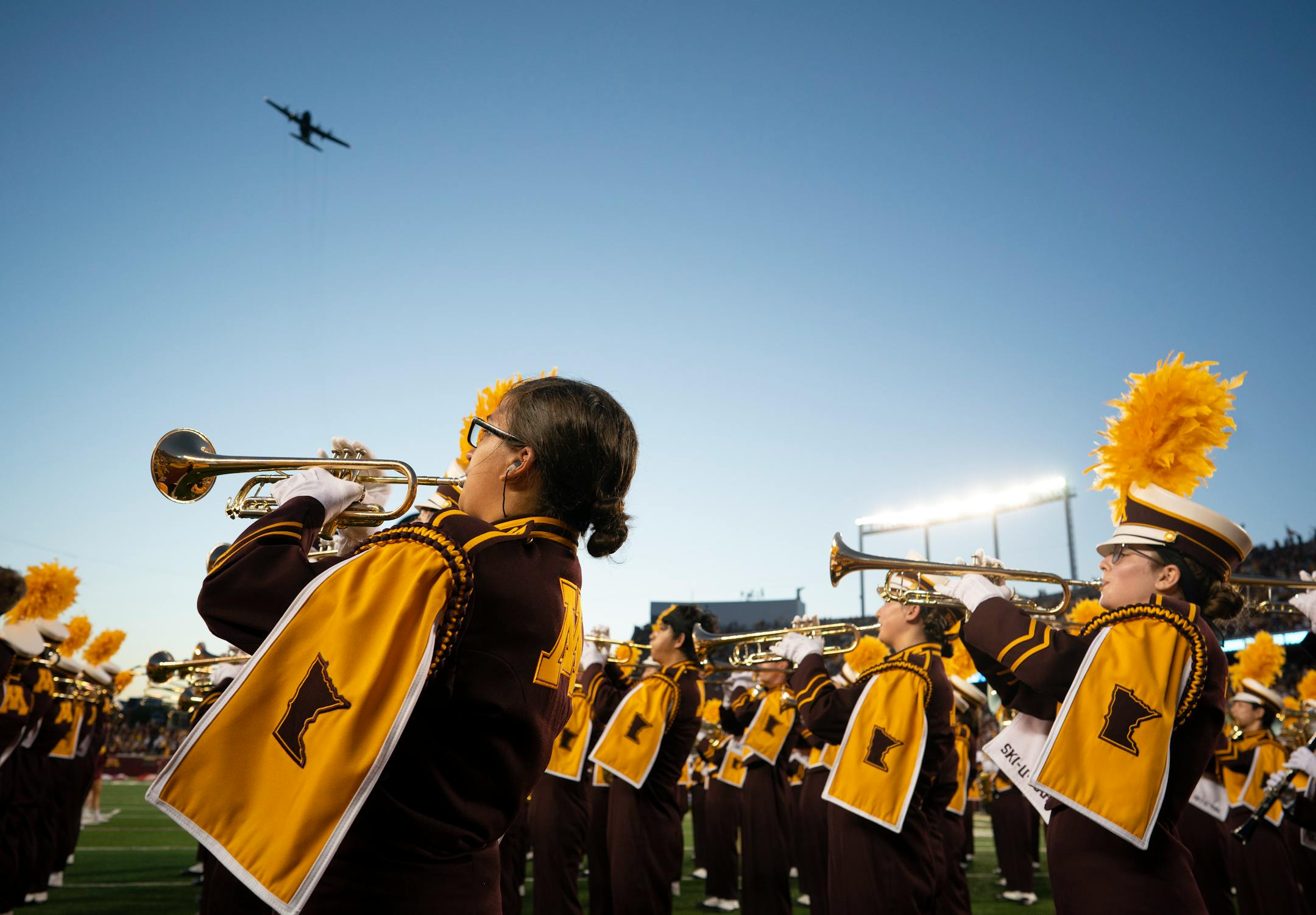 A C-130 flew over Huntington Bank Stadium in Minneapolis during the national anthem.
