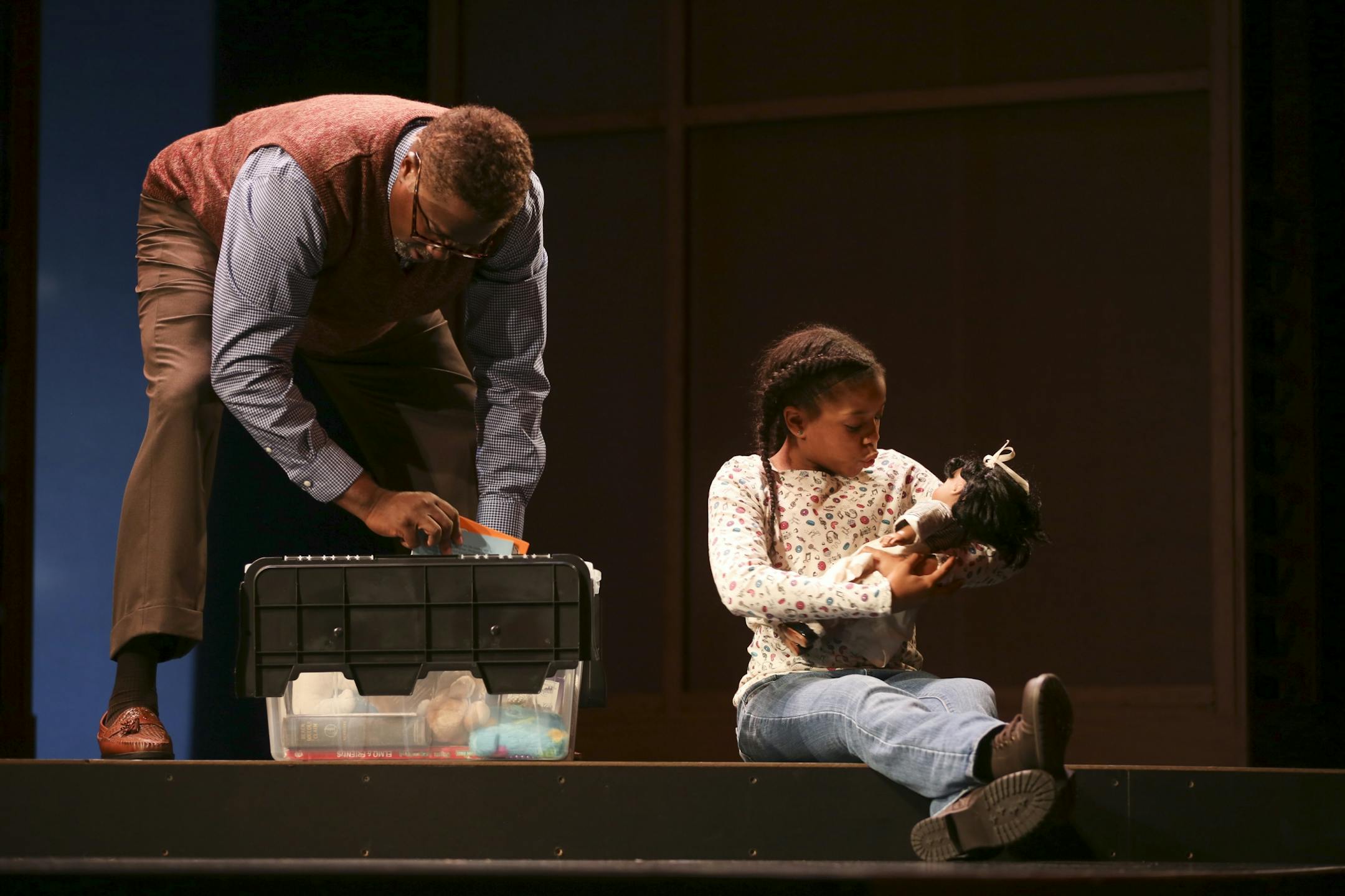 Johannah Easley as Akeelah in a second act scene with James A. Williams as her mentor, Dr. Larabee during rehearsal Sunday night.