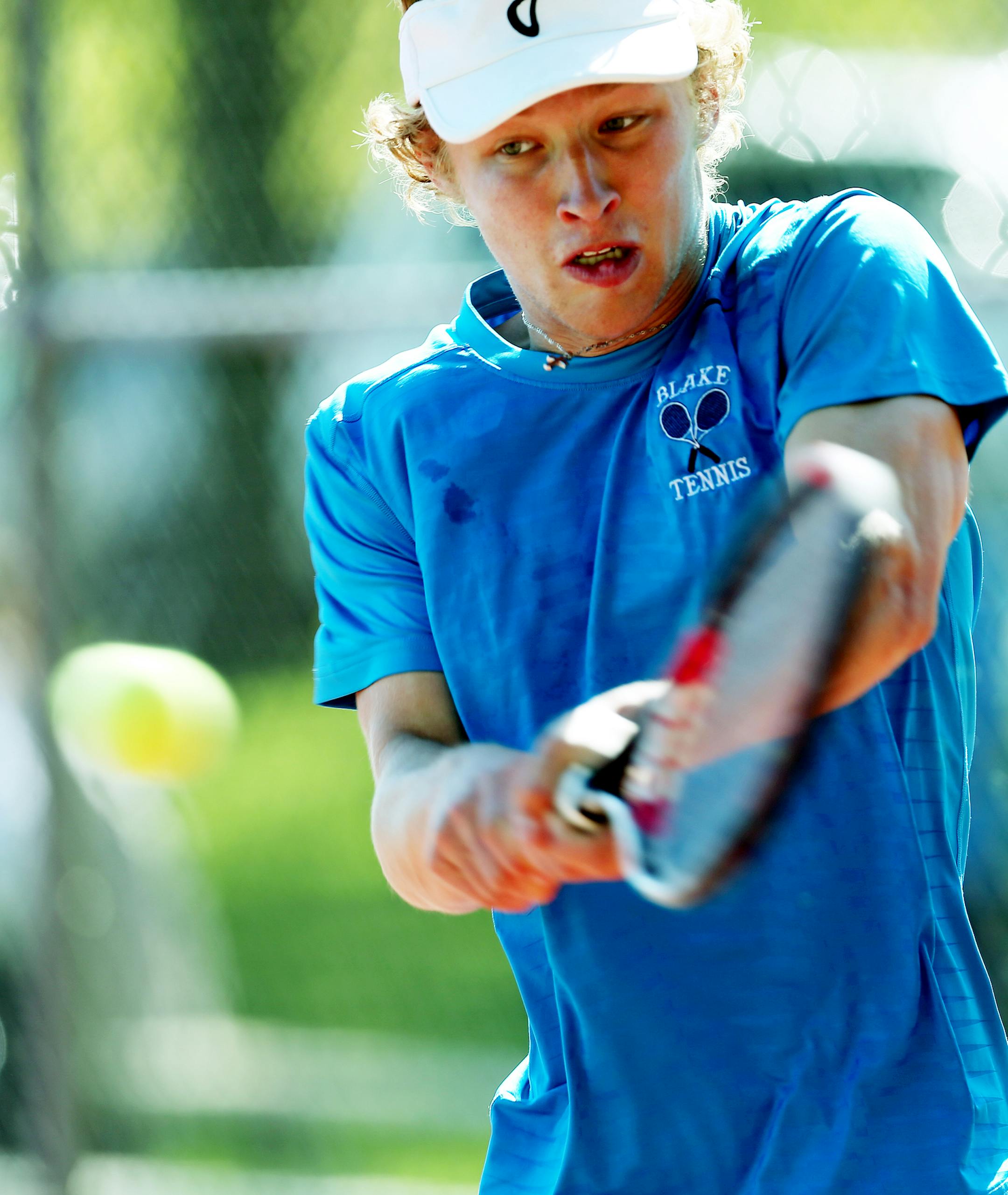 Charlie Adams of Blake High School played in the Section 4A singles tennis semifinals. ] JOELKOYAMA‚Ä¢jkoyama@startribune Hopkins, MN on May 22, 2014.