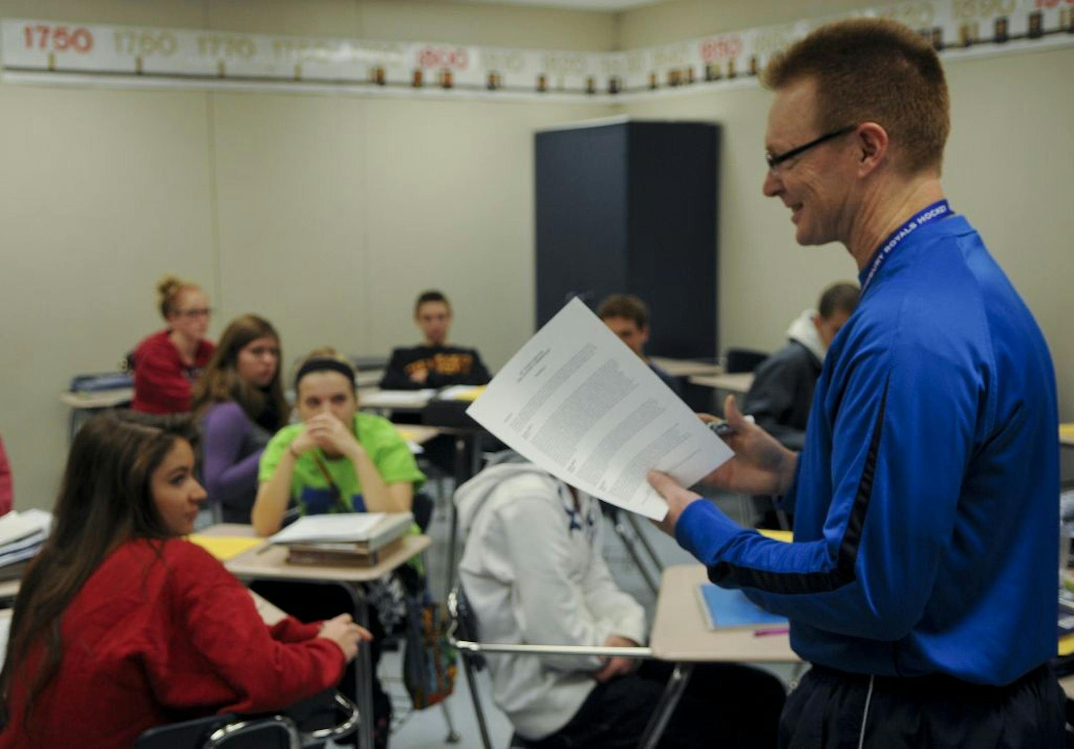 Wes Bolin teaches AP World History at Woodbury High and was working on preparation for a upcoming test with his AP class on Wednesday November 16, 2011. South Washington was recently awarded for increasing its AP course offerings and the passing rate for the courses. Since 2009 South Washington County School District increased the number of students participating in AP exams from 579 to 1292 while improving the percentage of students earning AP Exam scores of 3 or higher from 59% in 2009 to 66%