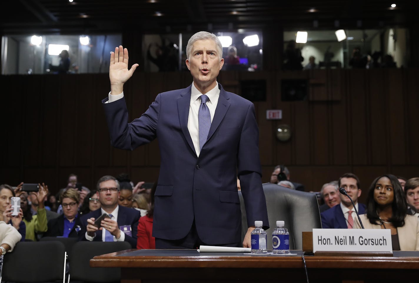 Supreme Court Justice nominee Neil Gorsuch is sworn-in on Capitol Hill in Washington, Monday, March 20, 2017, during his confirmation hearing before the Senate Judiciary Committee.