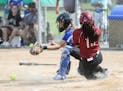 Rogers' Madie Mikolich missed the catch as Maple Grove's Samantha Sadler slid safely into home plate to score Maple Grove's second run in the sixth in