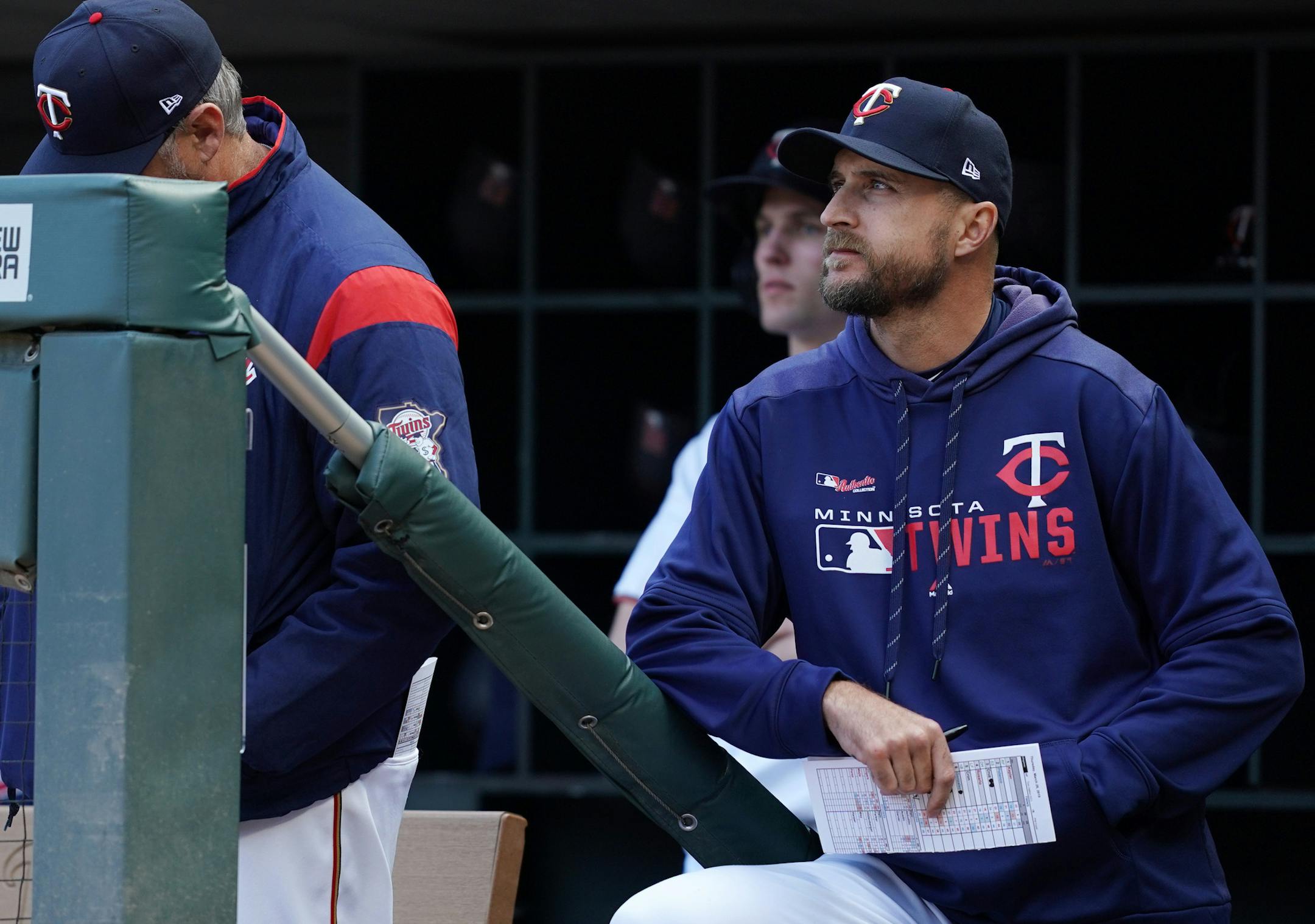 Minnesota Twins manager Rocco Baldelli (5) ians on Opening Day Thursday, March 28, 2019 at Target Field in Minneapolis.
