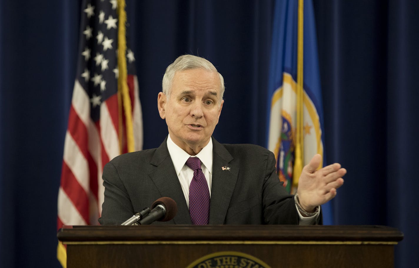 Gov. Mark Dayton held a news conference to discuss his decision to ask for a special session to deal with soaring health insurance rates on Friday, October 21, 2016, in St. Paul, Minn.] RENEE JONES SCHNEIDER &#xef; renee.jones@startribune.com ORG XMIT: MIN1610211216173247