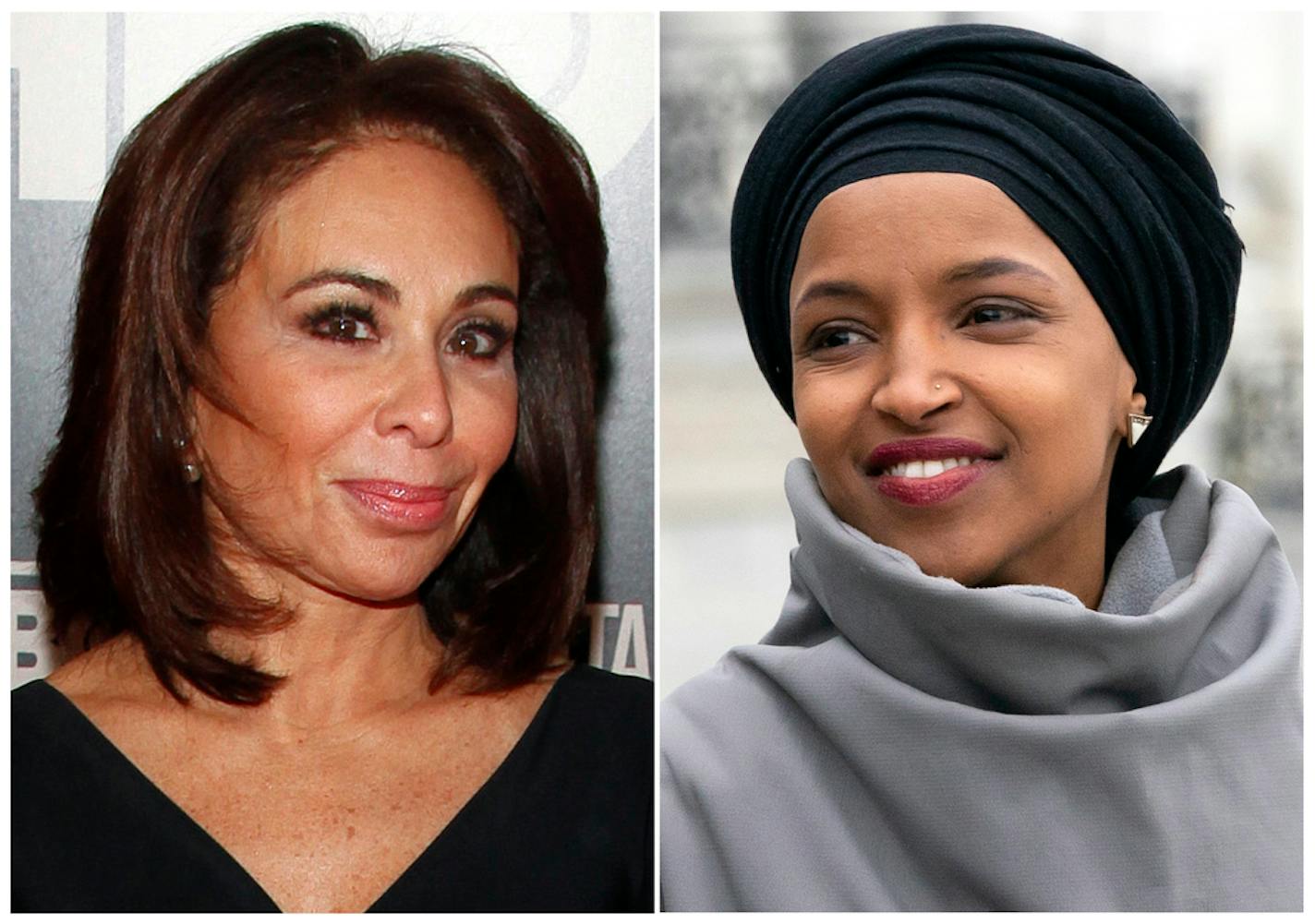 This combination photo shows Fox News host Jeanine Pirro at the HBO Documentary Series premiere of "THE JINX: The Life and Deaths of Robert Durst" in New York on Jan. 28, 2015, left, and Rep. Ilhan Omar, D-Minn., at a rally outside the Capitol in Washington on March 8, 2019. Omar thanked Fox News on Monday, March 11, for condemning comments made on the network by Pirro centering on the freshman Democrat's wearing of a traditional Muslim head covering. Pirro questioned whether Omar's wearing a hi