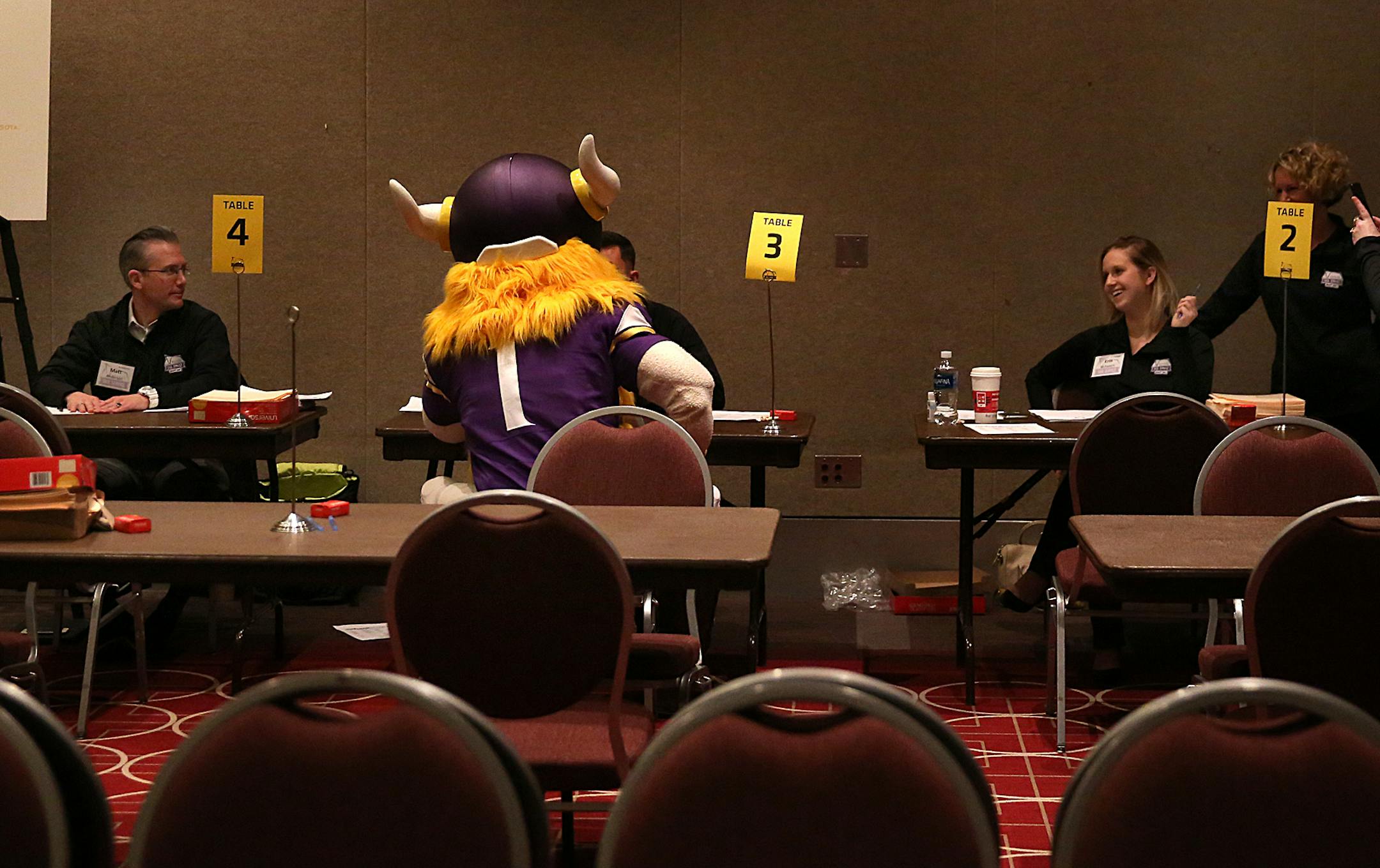 The official Vikingsí mascot, Viktor the Viking, playfully sat an interview table. ] JIM GEHRZ ï james.gehrz@startribune.com / Minneapolis, MN / April 27, 2016 /9:00 AM ñ BACKGROUND INFORMATION: People came to a hiring fair at the Minneapolis Convention Center Tuesday for a chance to land one of the more than 2,500 jobs available at U.S. Bank Stadium. The first job fair opens at 9 a.m. for the new U.S. Bank Stadium. They are looking to fill 2,500 jobs. The event is at the Minneapo