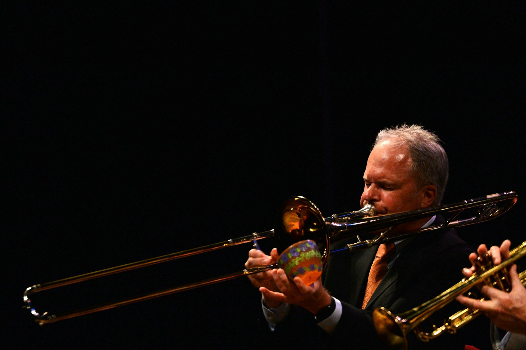 Jerry Zigmont of Woody Allen's jazz band played the trombone at the State Theatre in Minneapolis, Minn. on Sunday August 2, 2015.