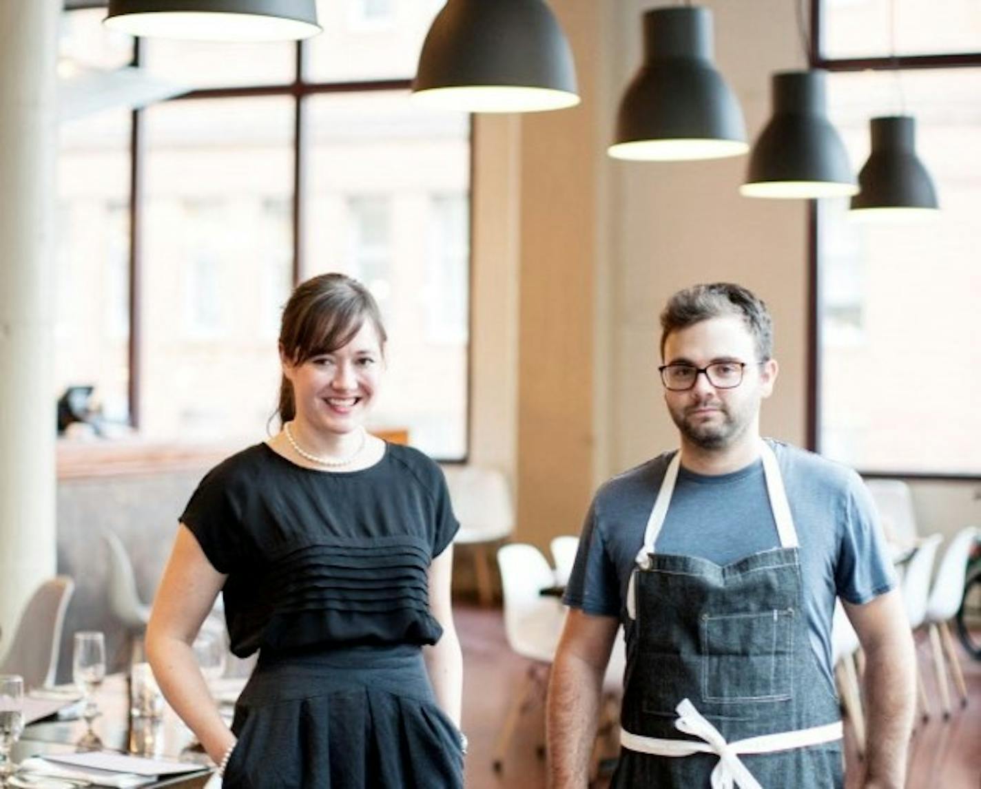 Chef de cuisine Adam Eaton, right, and general manager Laurel Elm at Saint Dinette in St. Paul September 24, 2015.  (Courtney Perry/Special to the Star Tribune)