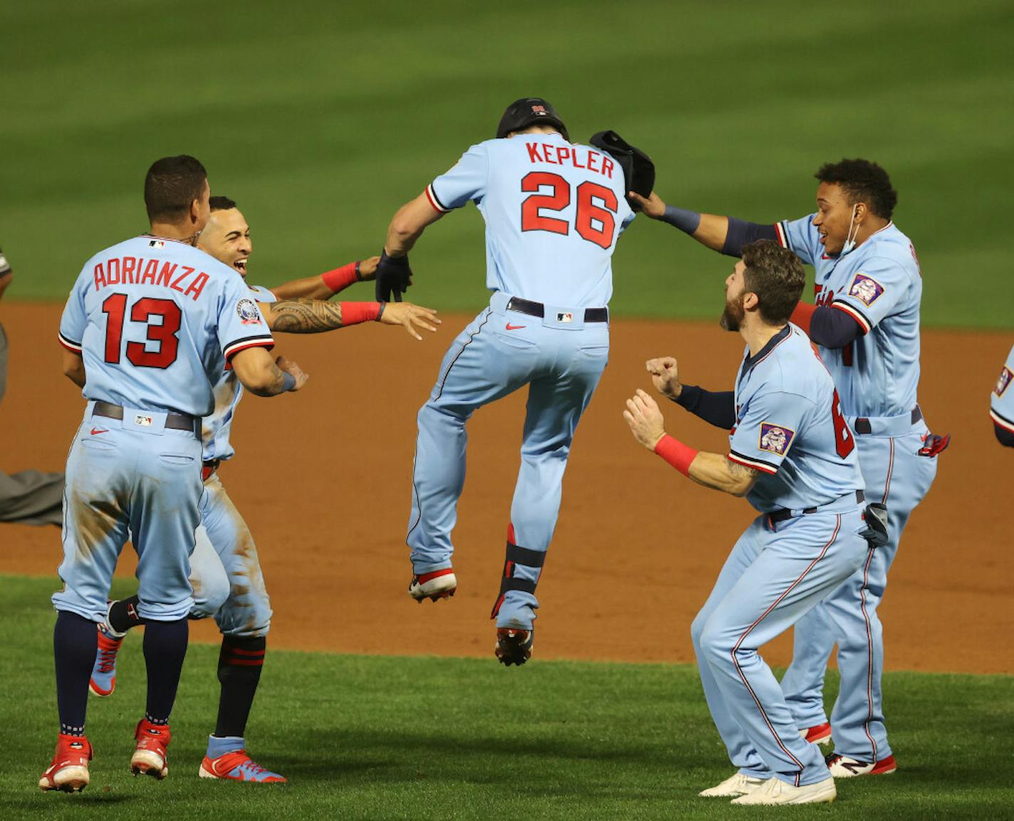 Max Kepler celebrated his game-winning hit Tuesday night.