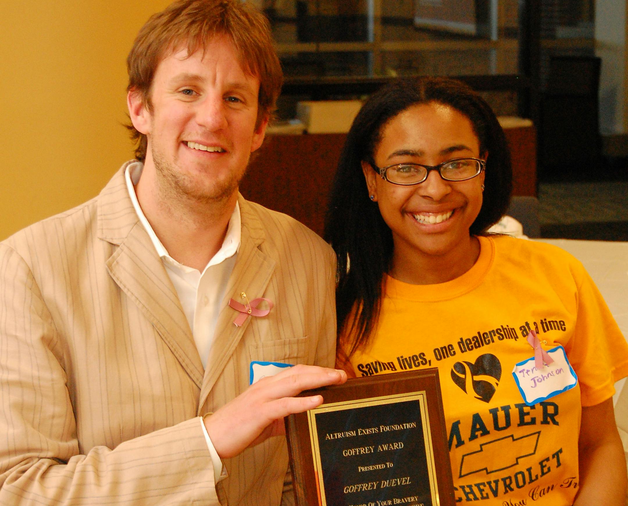 Goffrey Duevel and Terace Johnson, a junior at Robbinsdale Cooper High School. Terace and other students there created the "Goffrey Award" to honor his bravery.