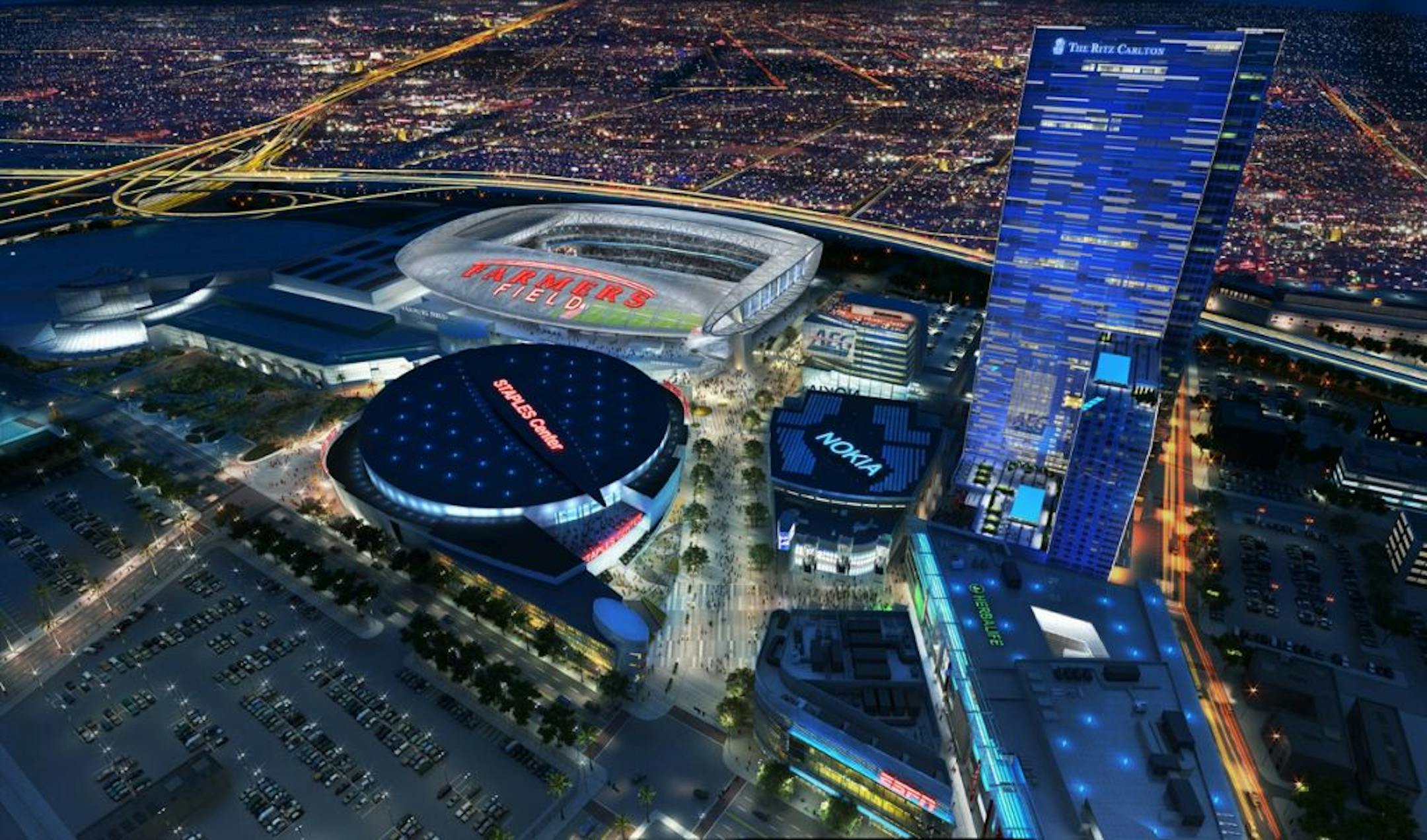 FILE - In a file image released by AEG, a proposed NFL football stadium, to be named Farmers Field, is depicted next to Staples Center in Los Angeles. The leader of the state Assembly plans to seek legislation that would accelerate construction of the stadium in downtown Los Angeles. The bill would help Anschutz Entertainment Group overcome environmental hurdles involved in its proposal to raze the downtown convention center and replace it with a stadium.