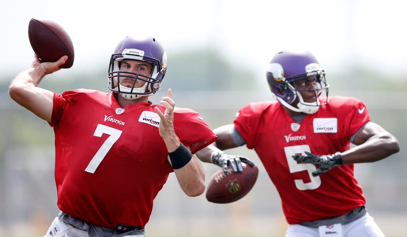 Minnesota Vikings quarterbacks Christian Ponder (7) and Teddy Bridgewater (5) during the afternoon practice on Tuesday. ] CARLOS GONZALEZ cgonzalez@startribune.com - August 5, 2014 , Mankato, Minn., Minnesota State University, Mankato, Minnesota Vikings Training Camp, NFL,