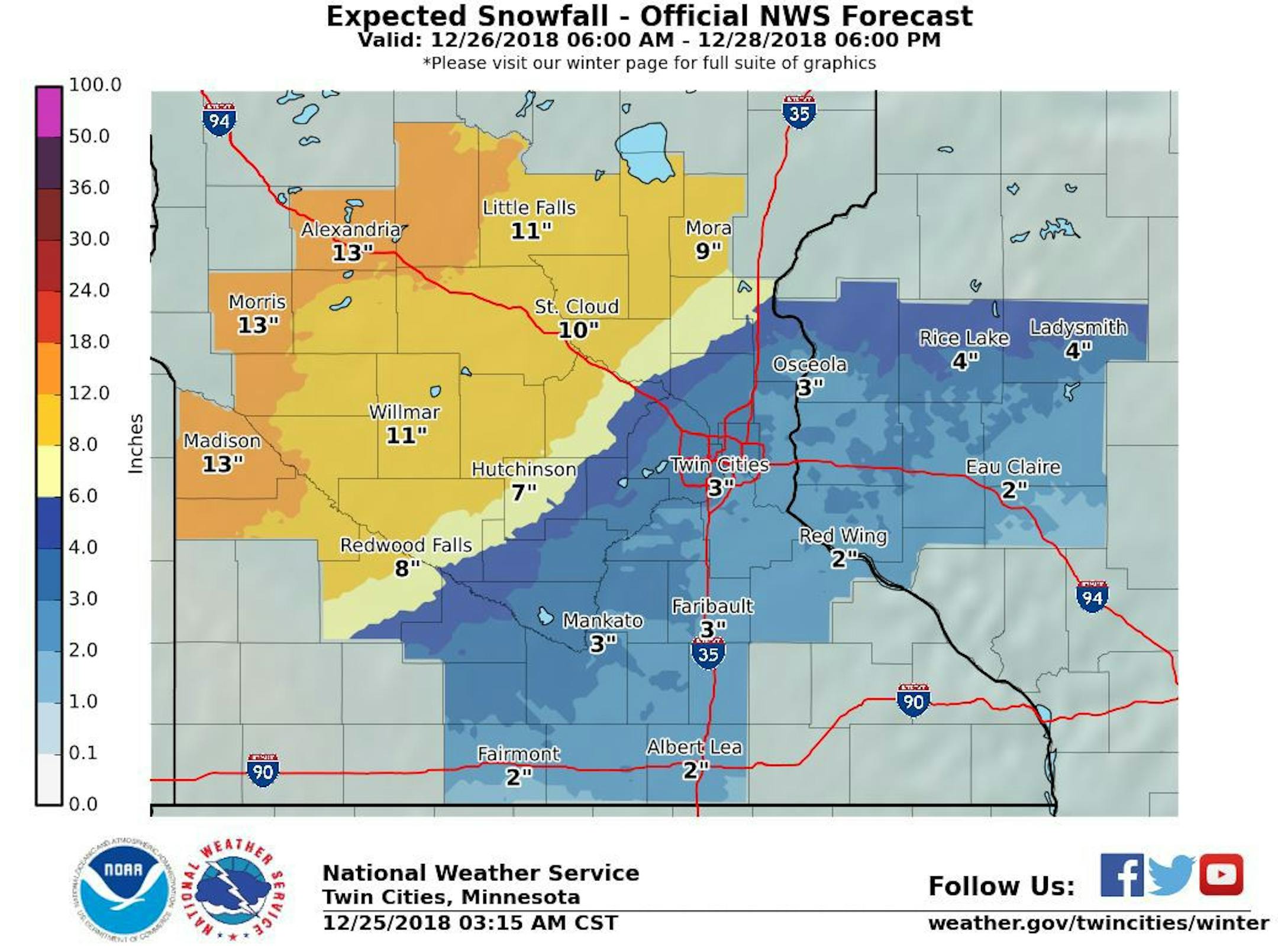 Anticipated snow totals for Wednesday. (Courtesy National Weather Service.)