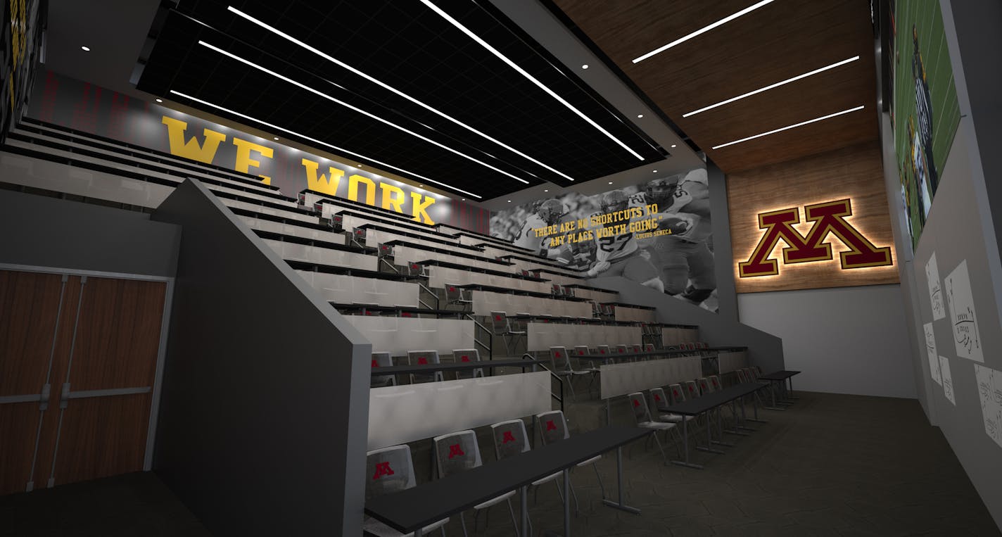 Rendering of University of Minnesota Athletes Village, Football Performance Center (Auditorium). Provided by University of Minnesota.