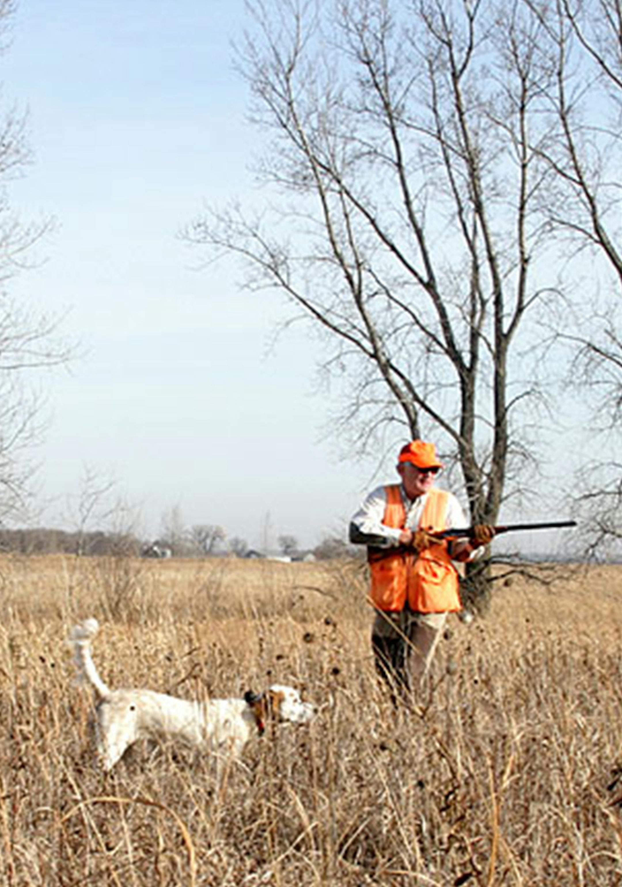 Rick Peifer of Wyoming, Minn., and Katie, his English setter, pointing a pheasant.