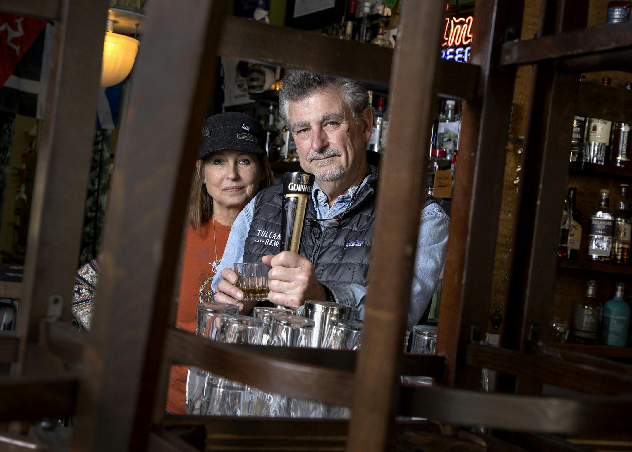 Randi and Jeff Cowmeadow photographed at the Prodigal Pub in Minneapolis. ] CARLOS GONZALEZ • cgonzalez@startribune.com – Minneapolis, MN – April 7, 2020, Prodigal Pub, Jeff and Randi Cowmeadow have seen their businesses closed this Easter. No life at once-bustling Calvary Church, where Jeff led the 30-plus year resurrection of a once-wilting church into a growing, multicultural congregation in the Whitter Neighborhood. And Prodigal Pub, the neighborhood bar they started a b