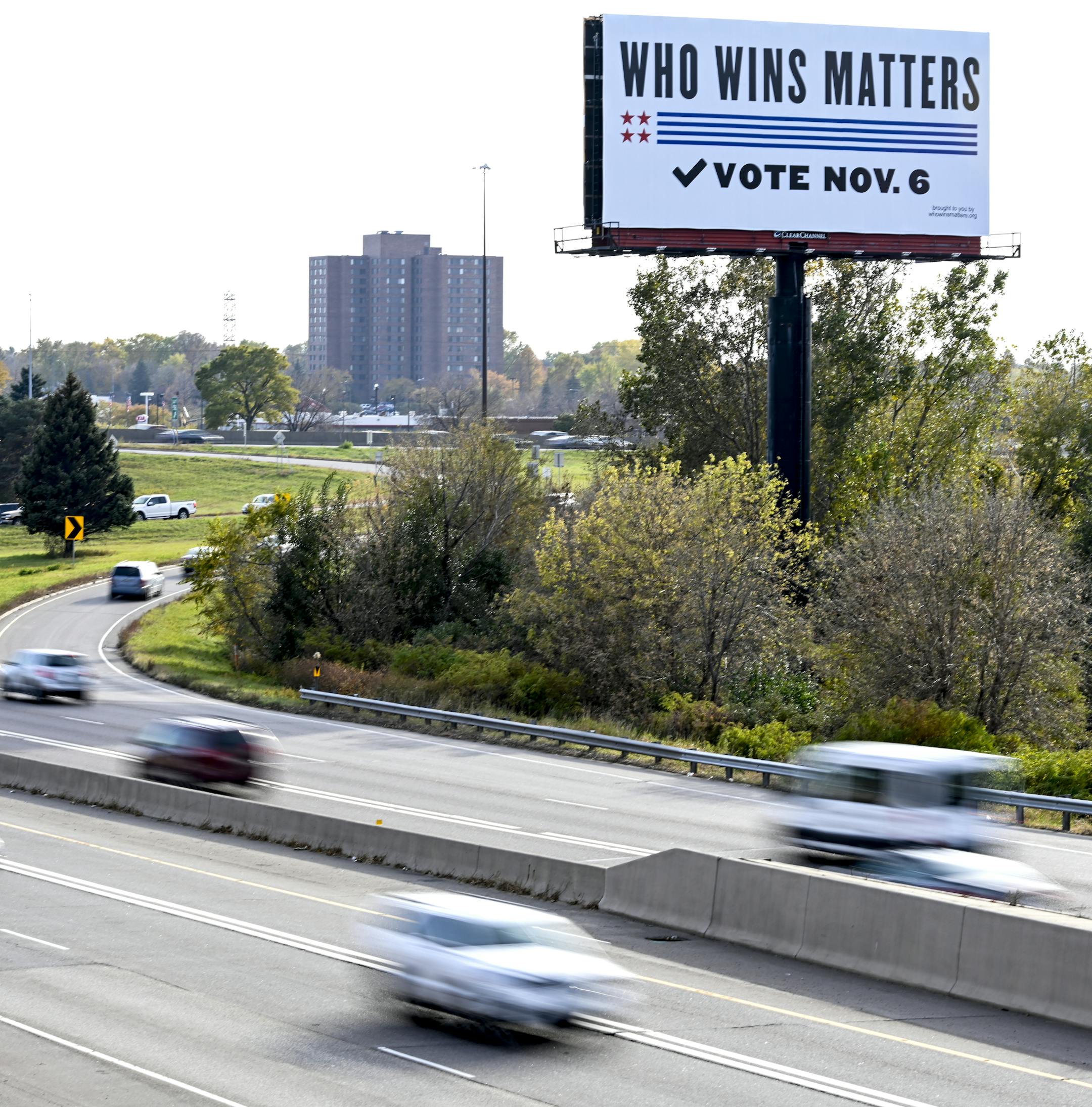 One of the "Who Wins Matters" billboards located near the I-35 freeway at 76th street in Richfield on Wednesday, Oct. 24, 2018. ] Aaron Lavinsky ï aaron.lavinsky@startribune.com A mysterious person or group of people is paying thousands of dollars to remind Minnesotans to vote this year. Dozens of billboards and signs have popped up across the Twin Cities that say: "Who Wins Matters: Vote Nov. 6." Metro Transit said there are 80 of the signs on light rail cars, bus shelters and buses. Other