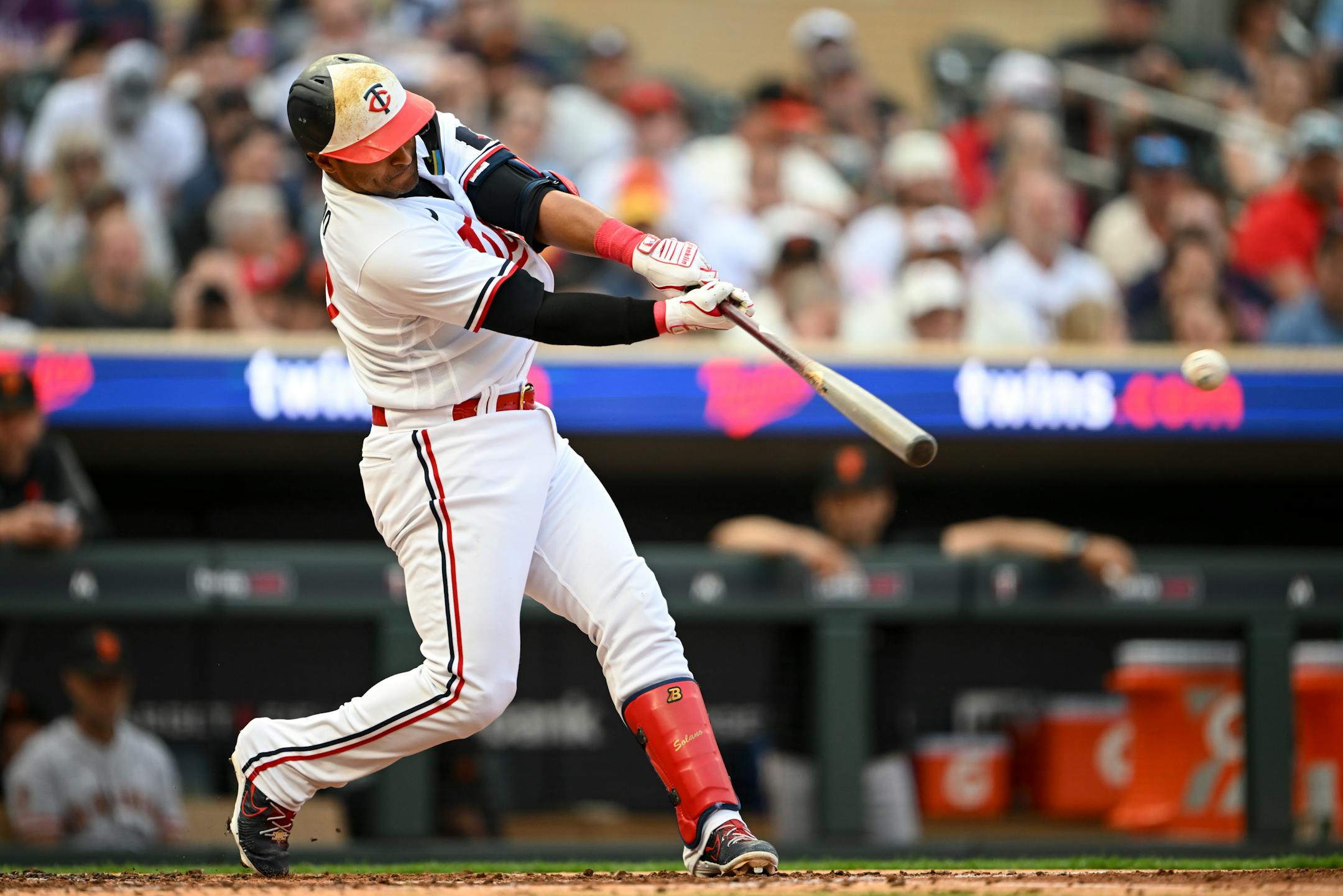 Minnesota Twins first baseman Donovan Solano singles in the bottom of the second inning.
