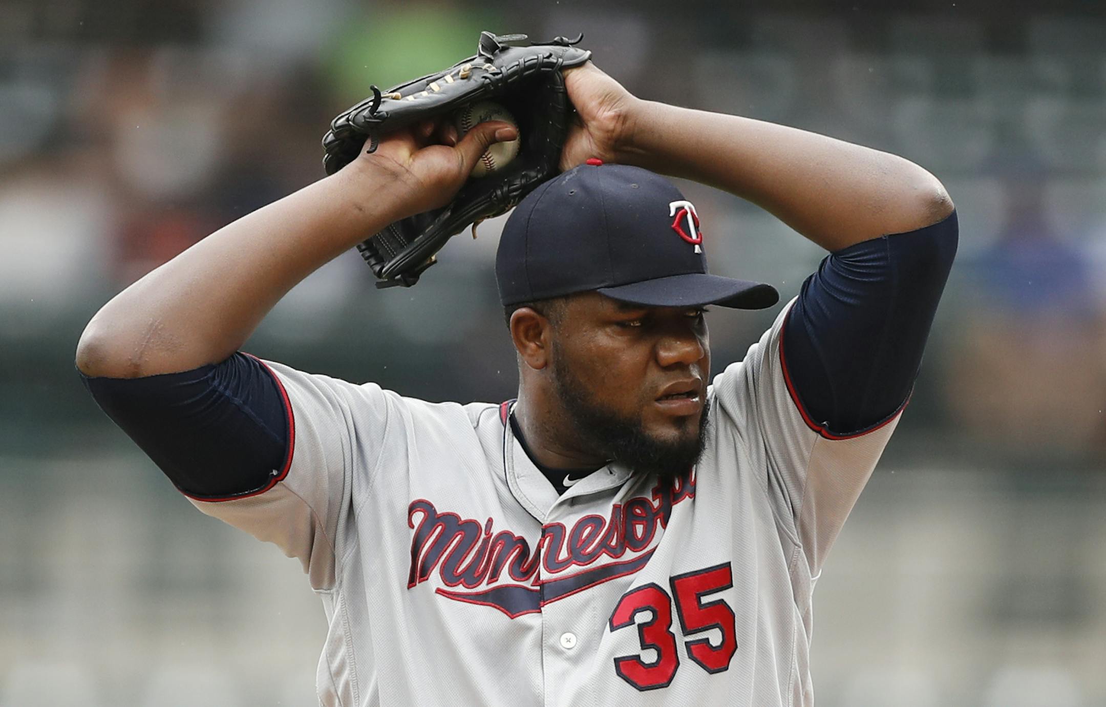 Minnesota Twins starting pitcher Michael Pineda prepares to throw during the first inning of a baseball game against the Detroit Tigers, Sunday, Sept. 1, 2019, in Detroit. (AP Photo/Carlos Osorio)