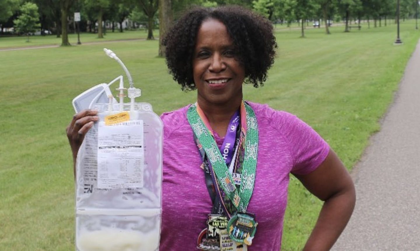 Sonya Goins of Minneapolis plans to run the Medtronic TC 10 Sunday carrying an IV bag. "Everyone has baggage," she joked.