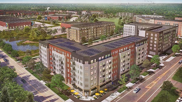 An illustration of a housing development called The Heights at Larpenteur Avenue and McKnight Road in the northeast corner of St. Paul. It will featur