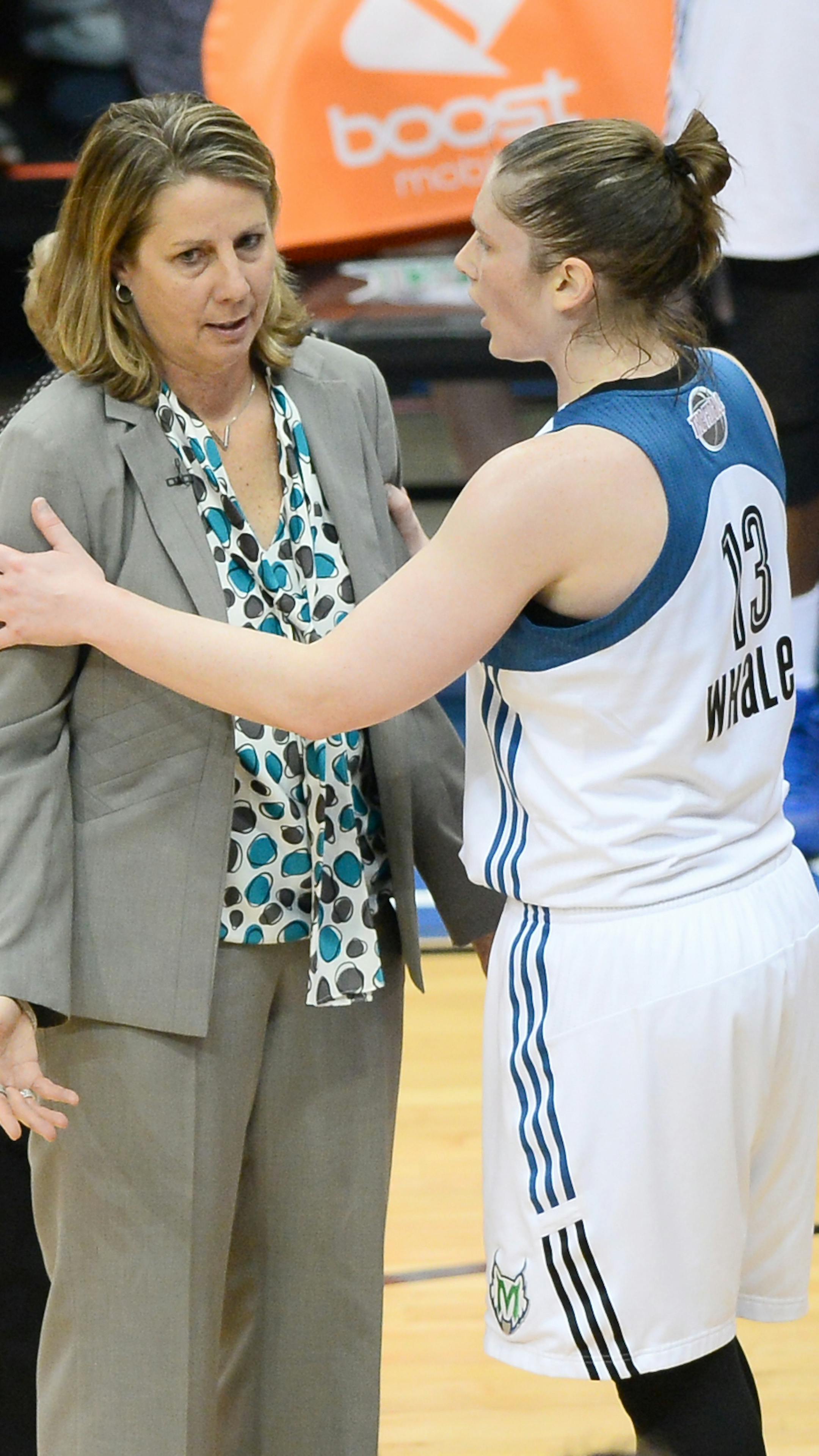Minnesota Lynx Head Coach Cheryl Reeve argued a foul call with a referee while being held back by guard Lindsay Whalen (13) during the second quarter Tuesday. ] Aaron Lavinsky • aaron.lavinsky@startribune.com The Minnesota Lynx play the Indiana Fever in the second game of the WNBA finals on Tuesday, Oct. 6, 2015 at Target Center.