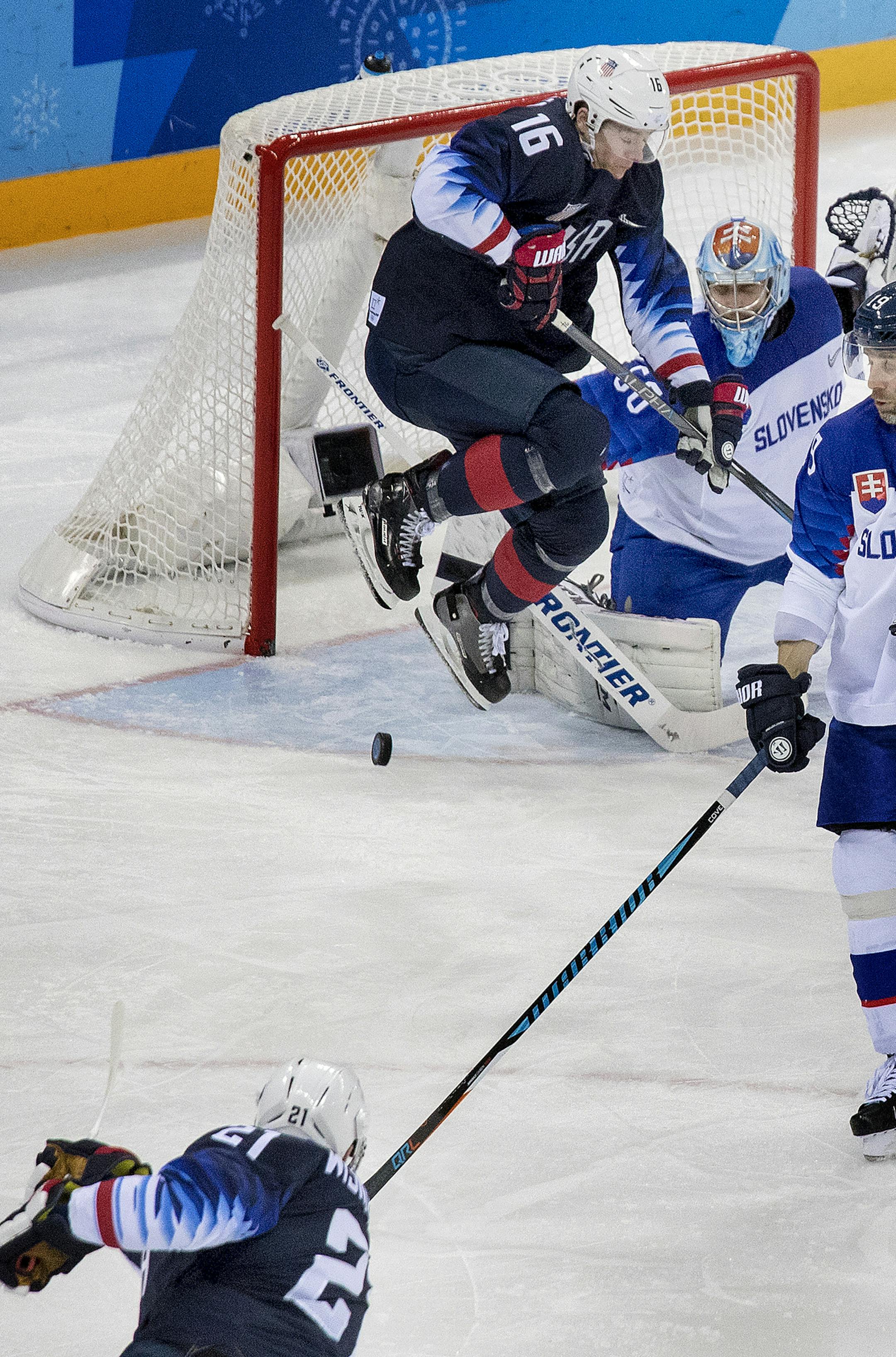 James Wisniewski (21) shot the puck past goalie Jan Laco (50) for a goal in the second period. ] CARLOS GONZALEZ &#xef; cgonzalez@startribune.com - February 20, 2018, South Korea, 2018 Pyeongchang Winter Olympics, Gangneung Hockey Centre, USA vs. Slovakia