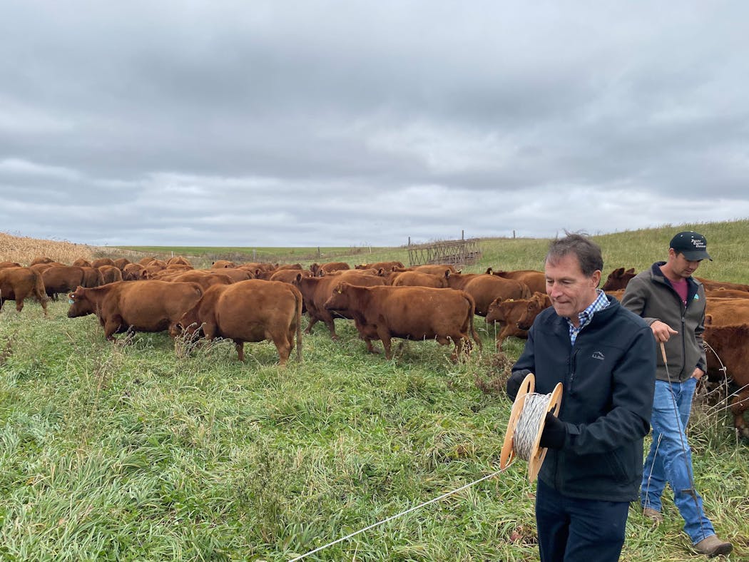 DFL candidate Jeff Ettinger spooled up an electric fence on a Goodhue County farm. 
