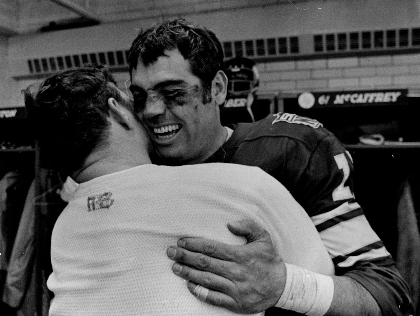 Joe Kapp hugged teammate Roy Winston during the Vikings' heyday, part of which Kapp quarterbacked all the way to the Super Bowl.