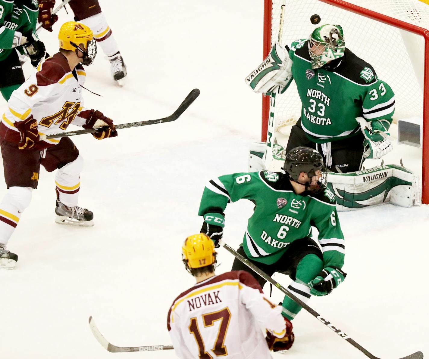 North Dakota goalie Cam Johnson (33) is too late on a first period goal by the University of Minnesota's Tommy Novak (17), tying the game at 2-2 Friday Nov. 4, 2016, at Mariucce Aren on the University of Minnesota campus in Minneapolis, MN.](DAVID JOLES/STARTRIBUNE)djoles@startribune.com North Dakota at at the University of Minnesota Gophers