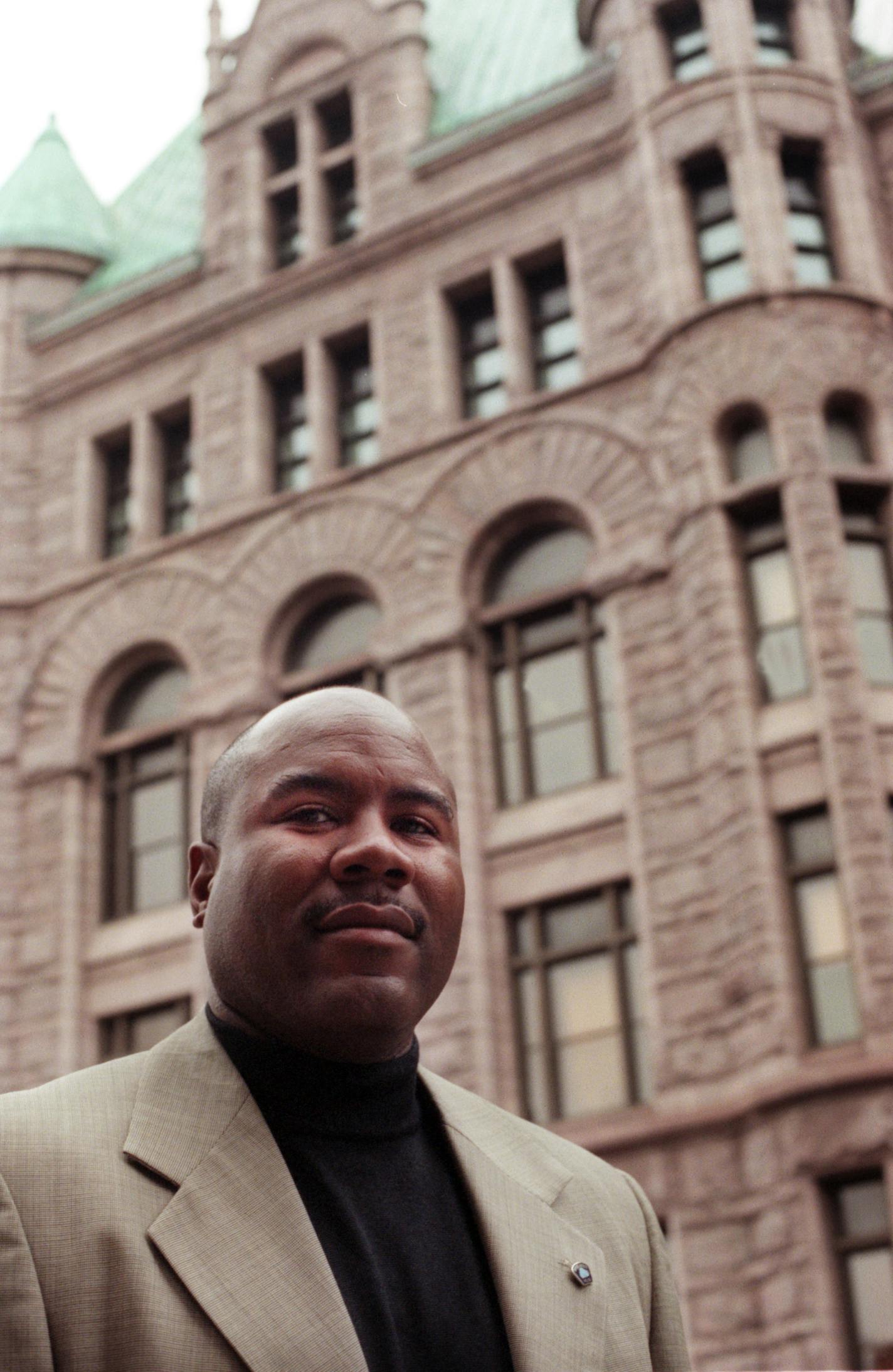 GENERAL INFORMATION: Minneapolis MN, 10/10/01-- Portrait of Minneapolis police officer Charlie Adams, after seven years of being Mayor Sharon Sayles Belton's security guard Adams is moving on to a new assignment.
IN THIS PHOTO: Minneapolis MN, 10/10/01-- Portrait of Minneapolis police officer Charlie Adams, after seven years of being Mayor Sharon Sayles Belton's security guard Adams is moving on to a new assignment.