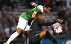 Tampa Bay Rowdies defender Tamika Mkandawire (17) and Minnesota United FC forward Stefano Pinho (11) went up a for a header during a game last week.