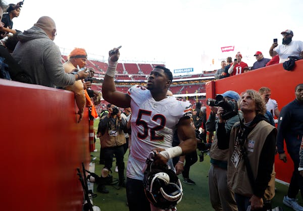 Chicago Bears outside linebacker Khalil Mack (52) walks off the field after an NFL football game against the San Francisco 49ers in Santa Clara, Calif