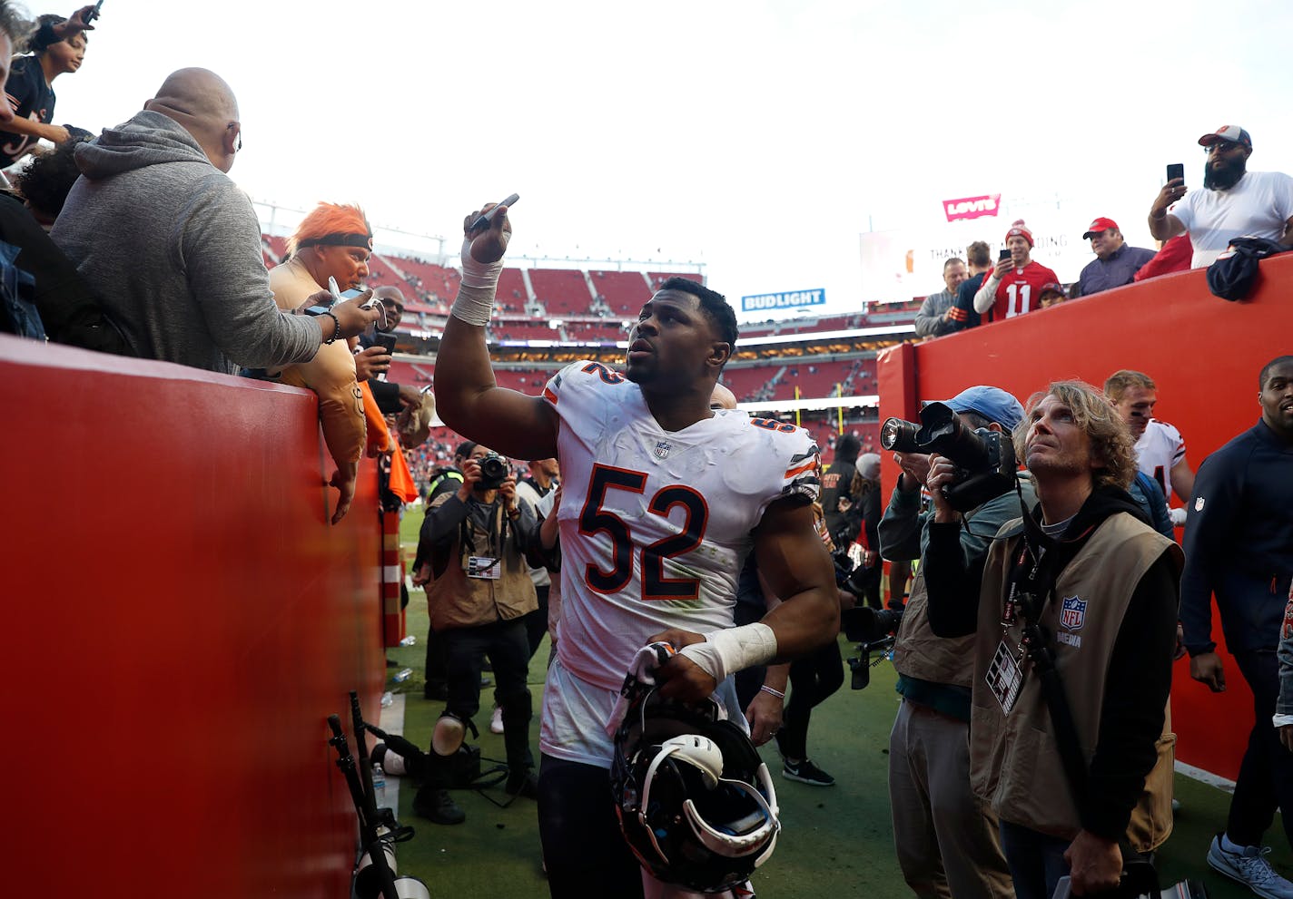 Chicago Bears outside linebacker Khalil Mack (52) walks off the field after an NFL football game against the San Francisco 49ers in Santa Clara, Calif., Sunday, Dec. 23, 2018. (AP Photo/Tony Avelar)